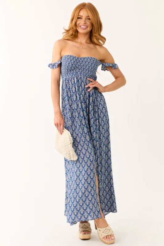 Cobalt Printed Off the Shoulder Maxi Dress sold by Lime Lush