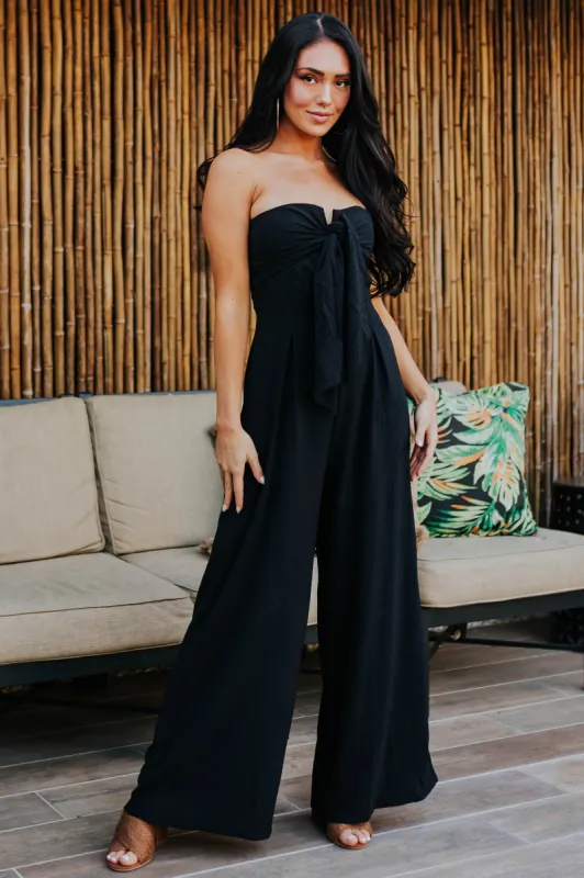 Black Strapless Front Tie Wide Leg Jumpsuit sold by Lime Lush
