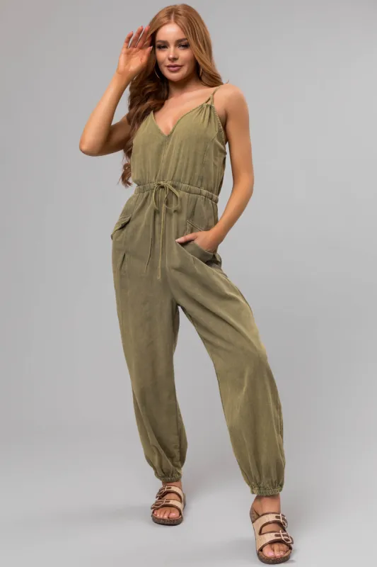 Washed Olive Drawstring Sleeveless Jumpsuit sold by Lime Lush