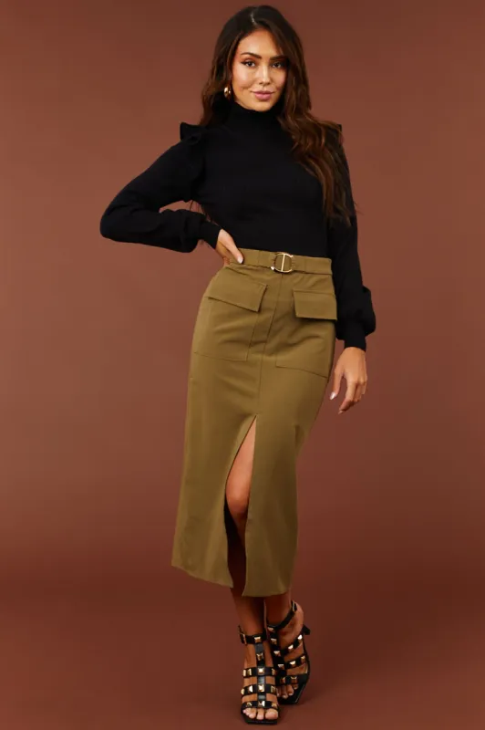 Olive Flap Pocket Belted Slit Midi Skirt sold by Lime Lush