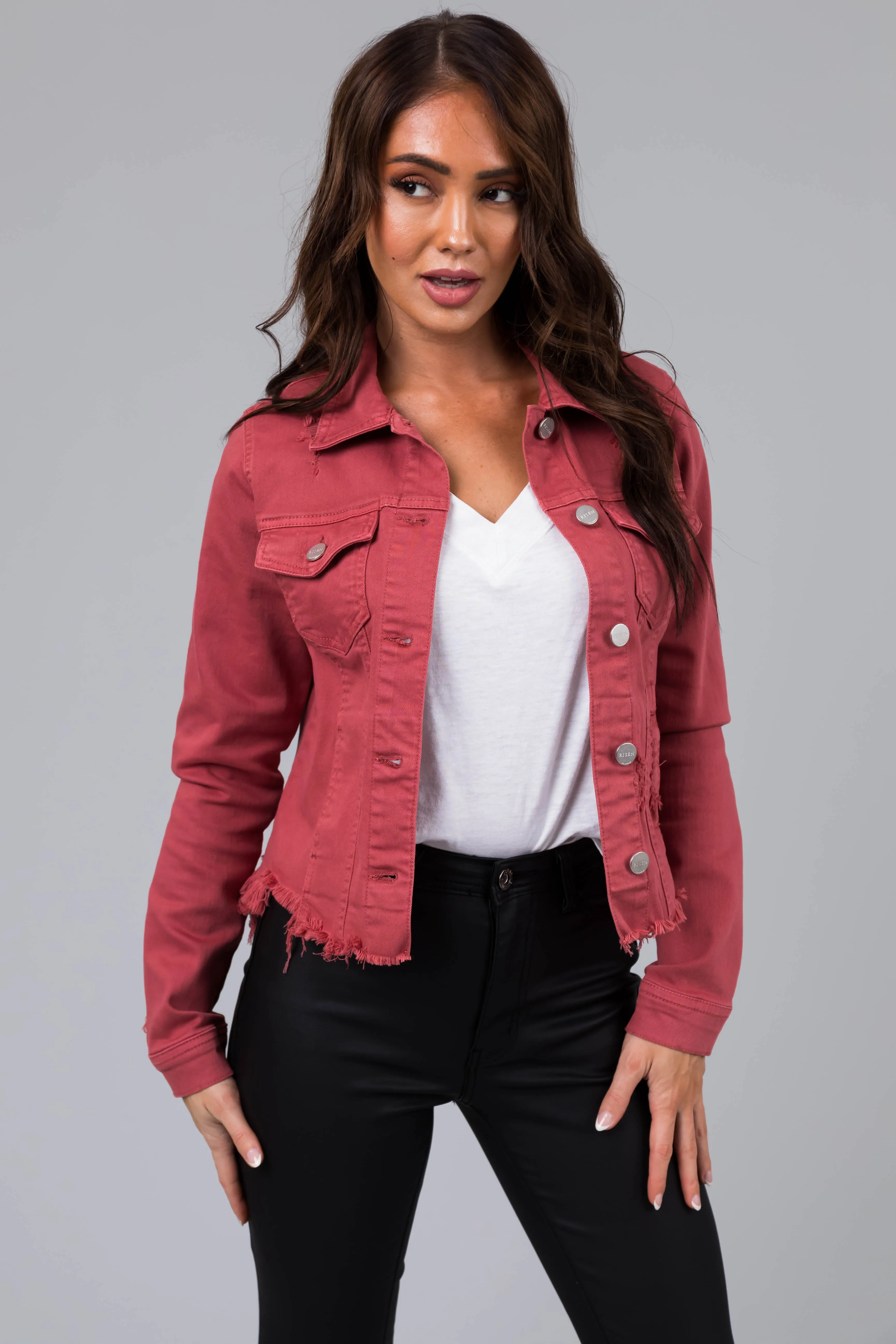 Hibiscus Button Up Distressed Denim Jacket sold by Lime Lush product image thumbnail 2