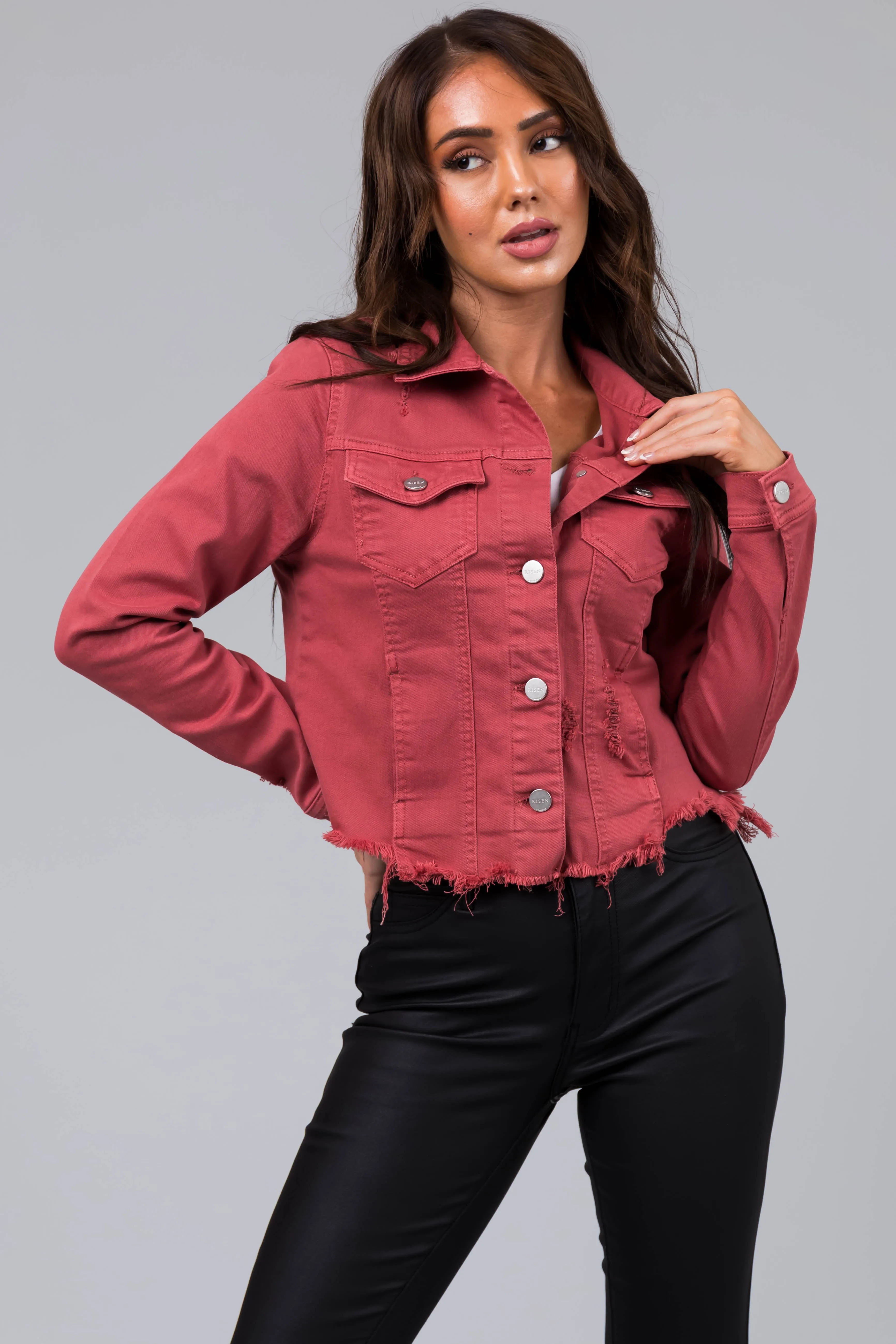 Hibiscus Button Up Distressed Denim Jacket sold by Lime Lush product image thumbnail 3