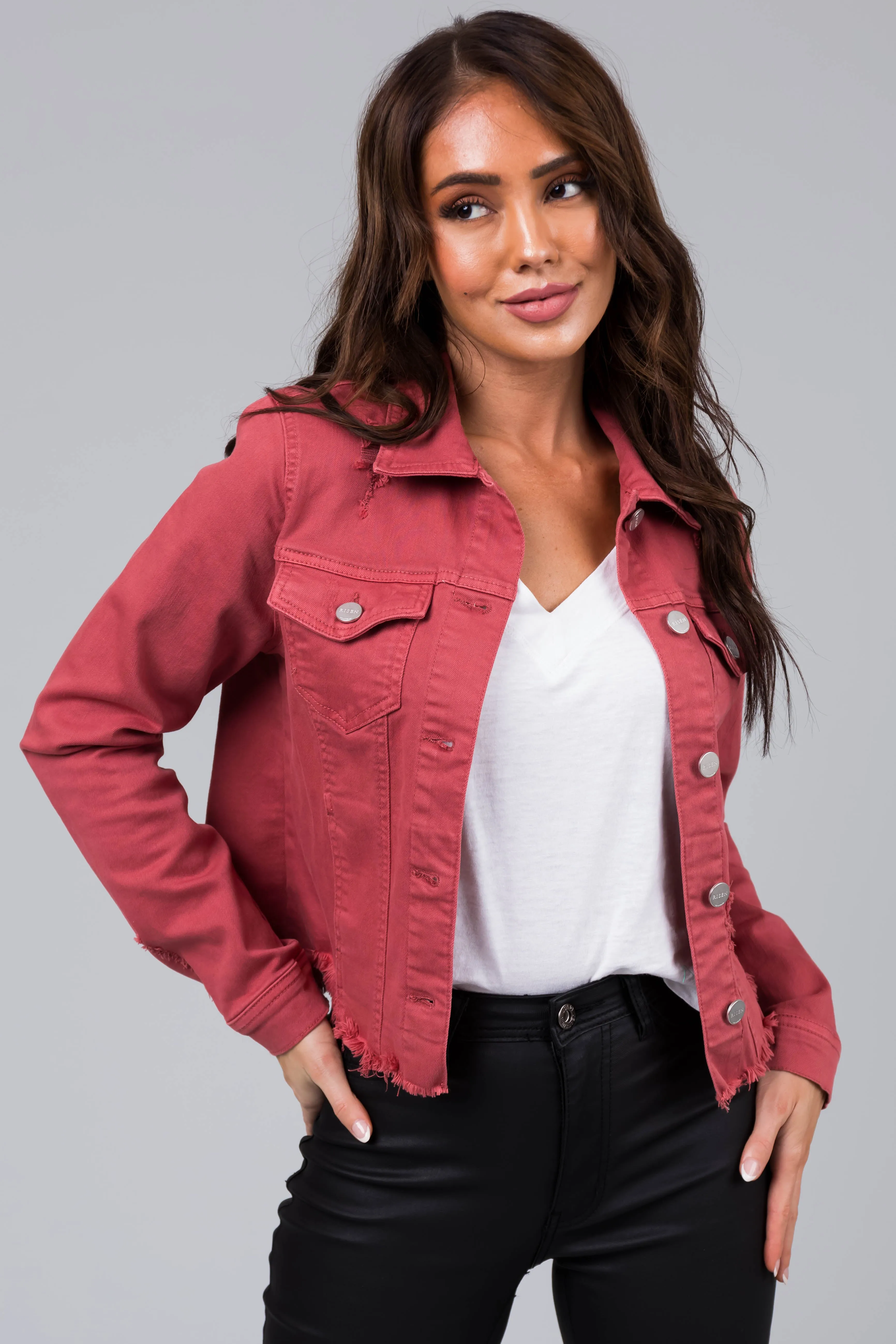 Hibiscus Button Up Distressed Denim Jacket sold by Lime Lush