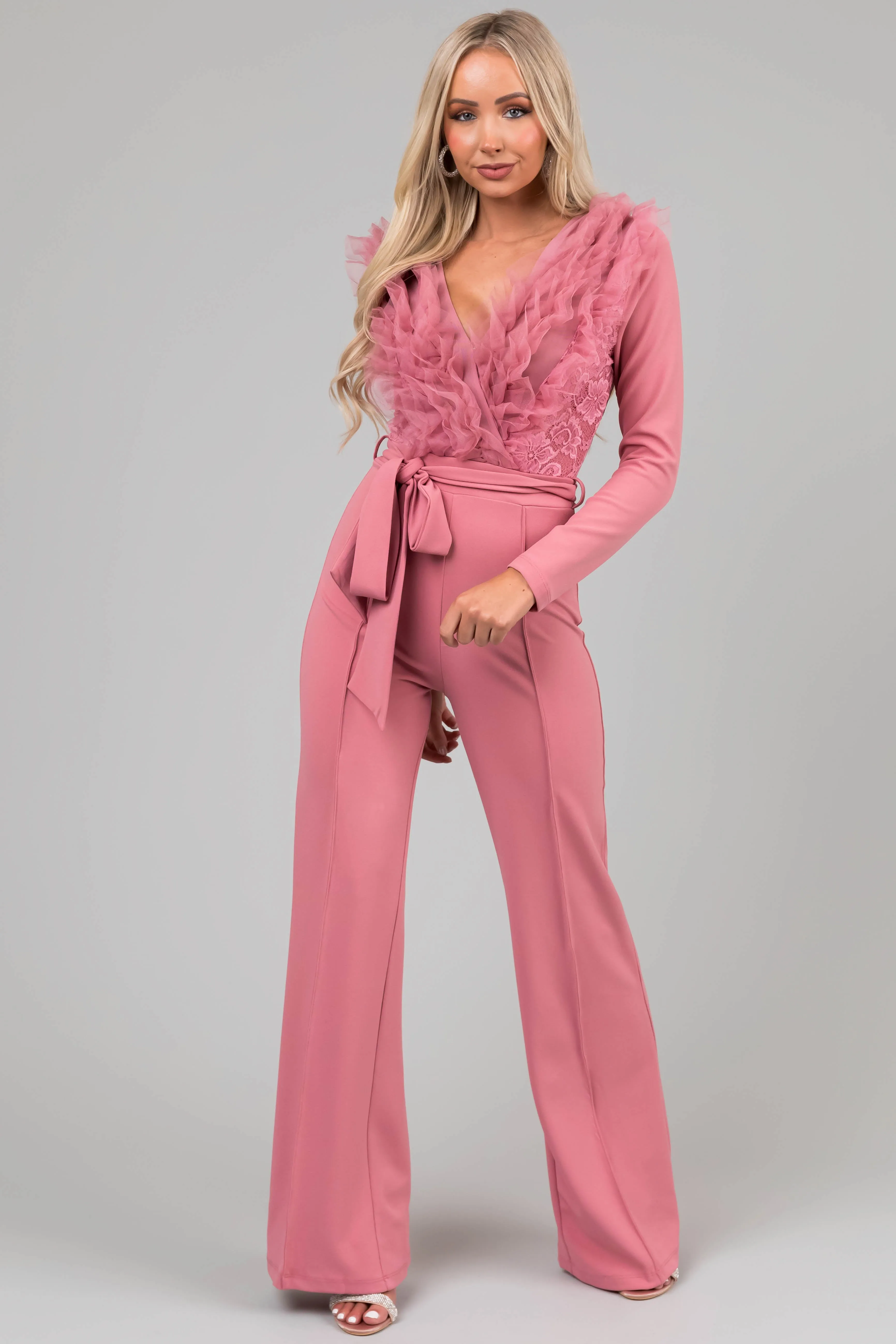 Dusty Blush Ruffle Neckline Floral Lace Jumpsuit sold by Lime Lush