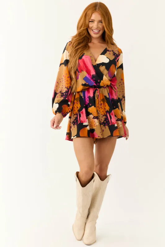 Black Multicolor Abstract Surplice Flare Romper sold by Lime Lush
