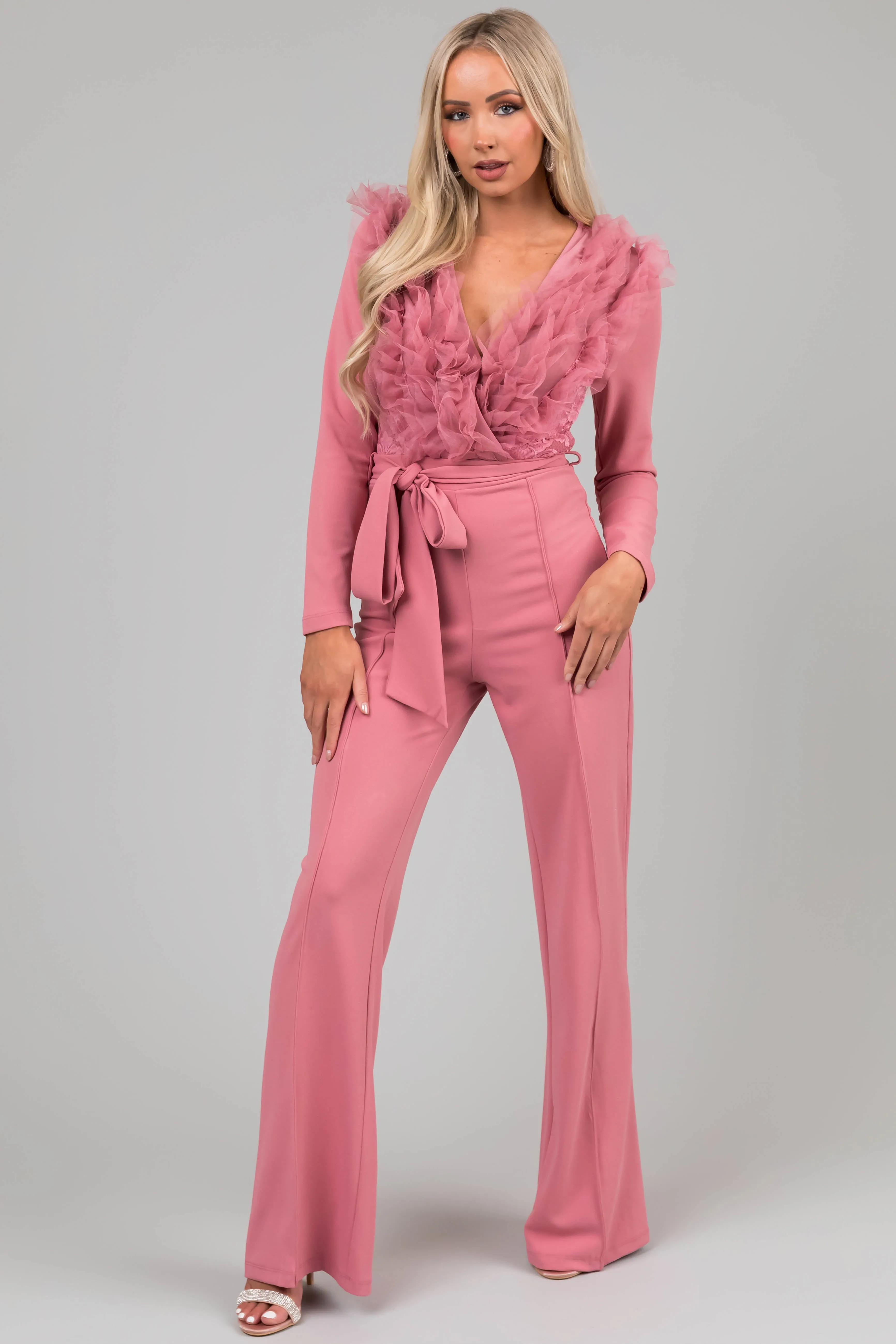 Dusty Blush Ruffle Neckline Floral Lace Jumpsuit sold by Lime Lush product image thumbnail 3
