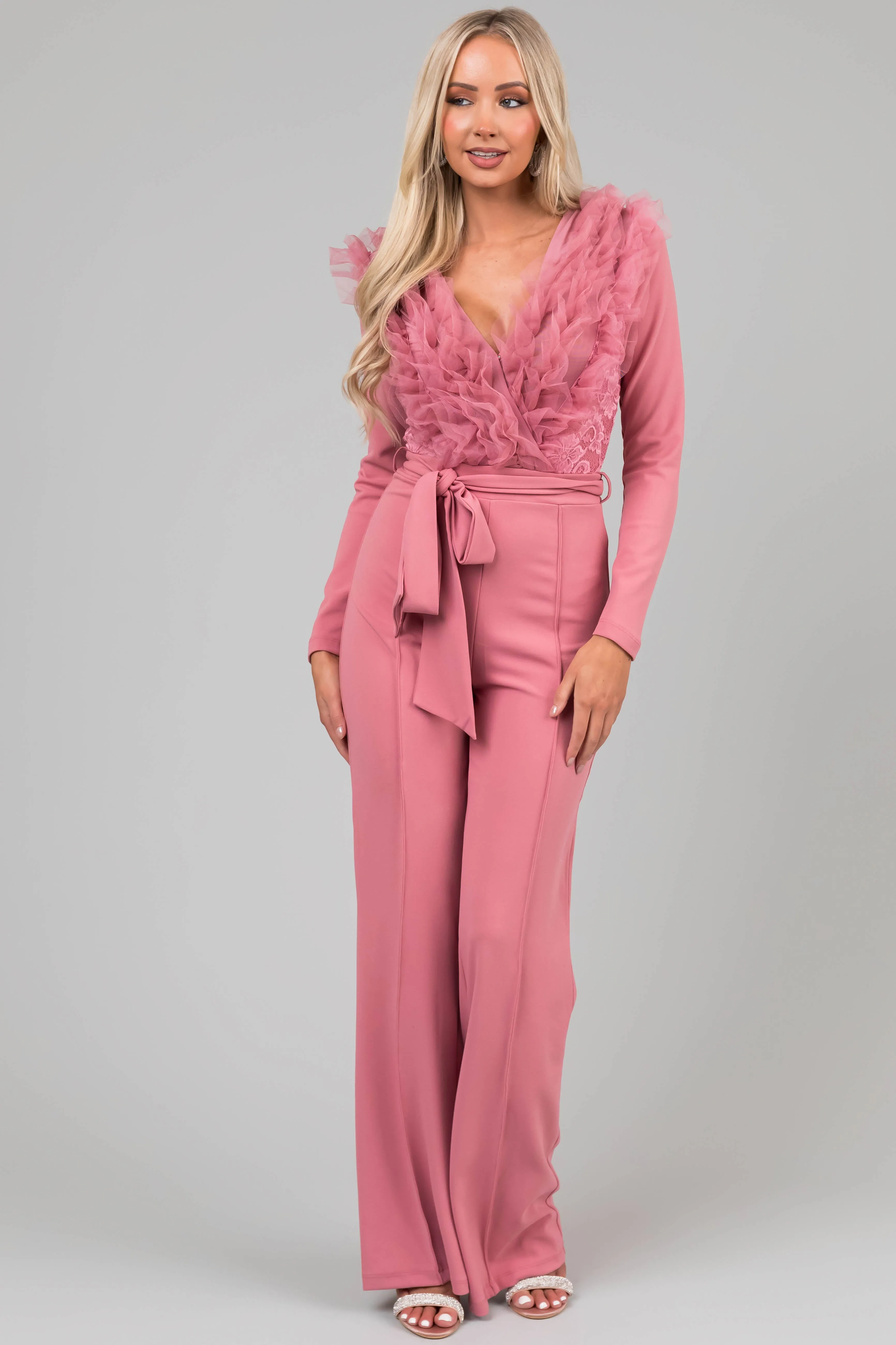 Dusty Blush Ruffle Neckline Floral Lace Jumpsuit sold by Lime Lush product image thumbnail 4