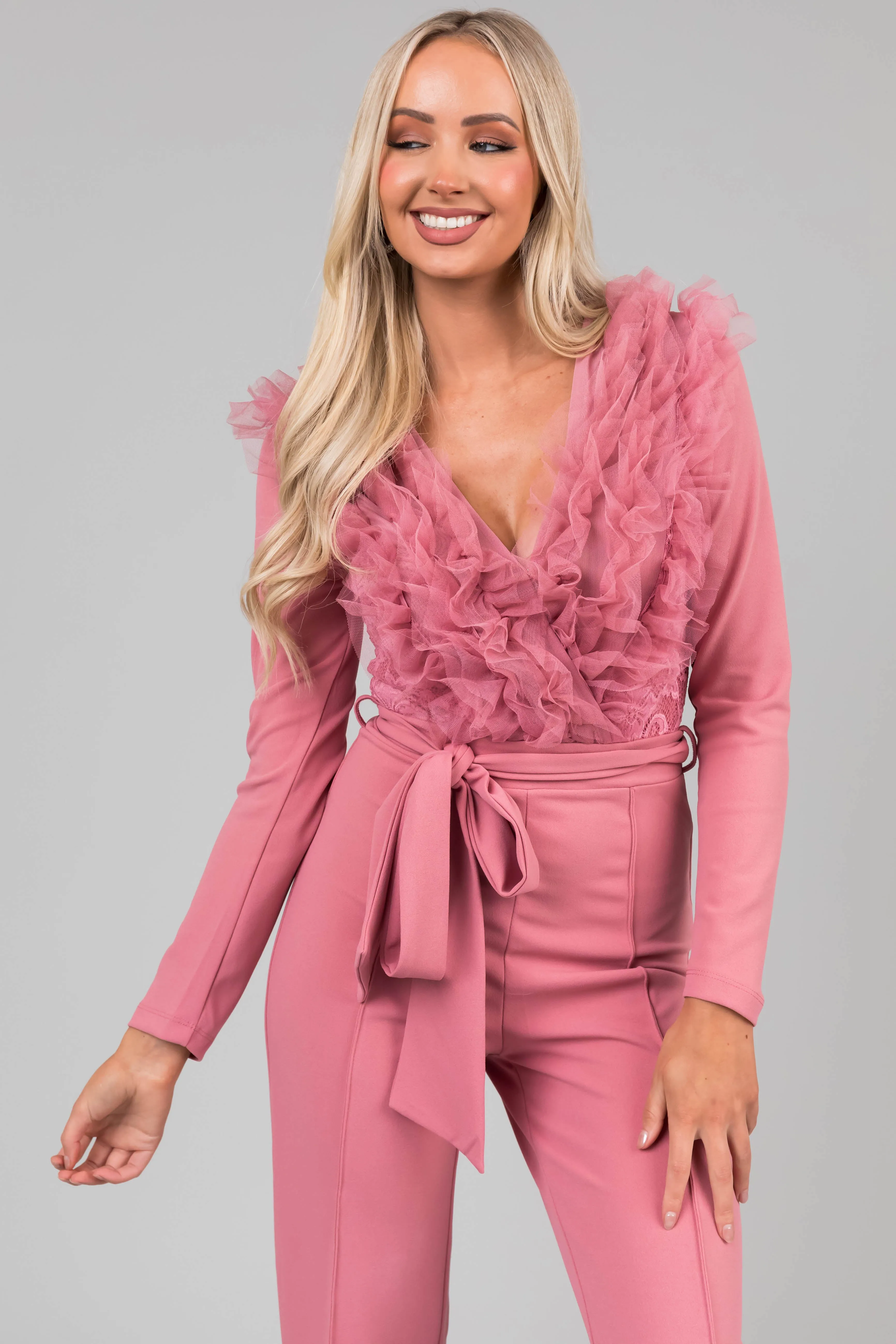 Dusty Blush Ruffle Neckline Floral Lace Jumpsuit sold by Lime Lush product image thumbnail 2