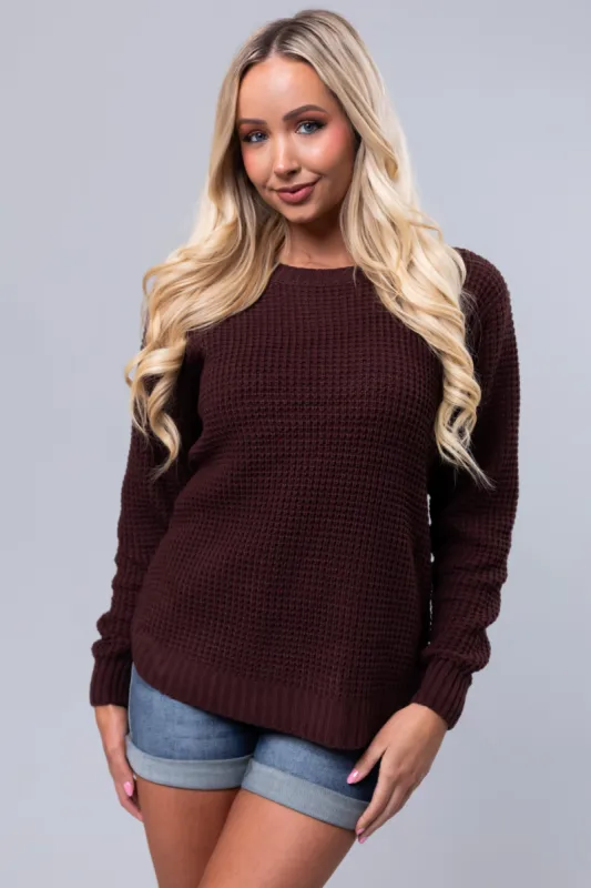 Chocolate Thick Waffle Knit Curved Hem Sweater sold by Lime Lush