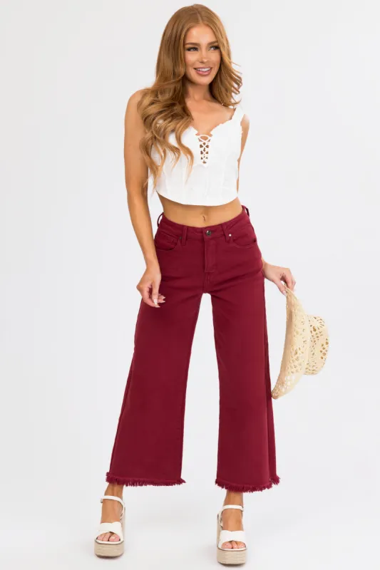 Risen Maroon Tummy Control Cropped Wide Jeans sold by Lime Lush