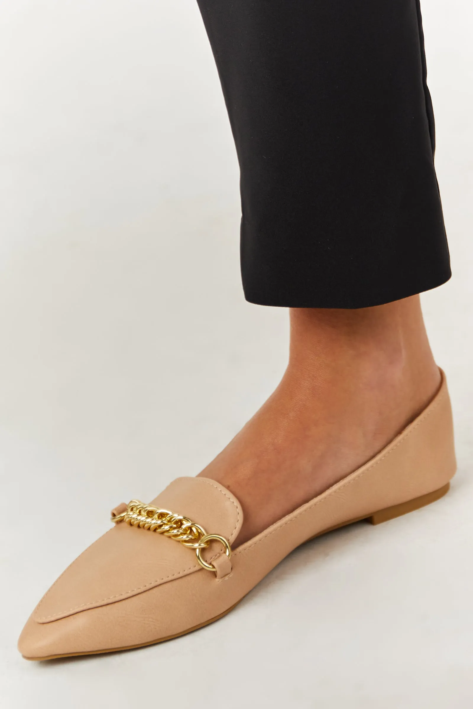 Nude Faux Leather Pointed Toe Gold Chain Loafers sold by Lime Lush product image thumbnail 5