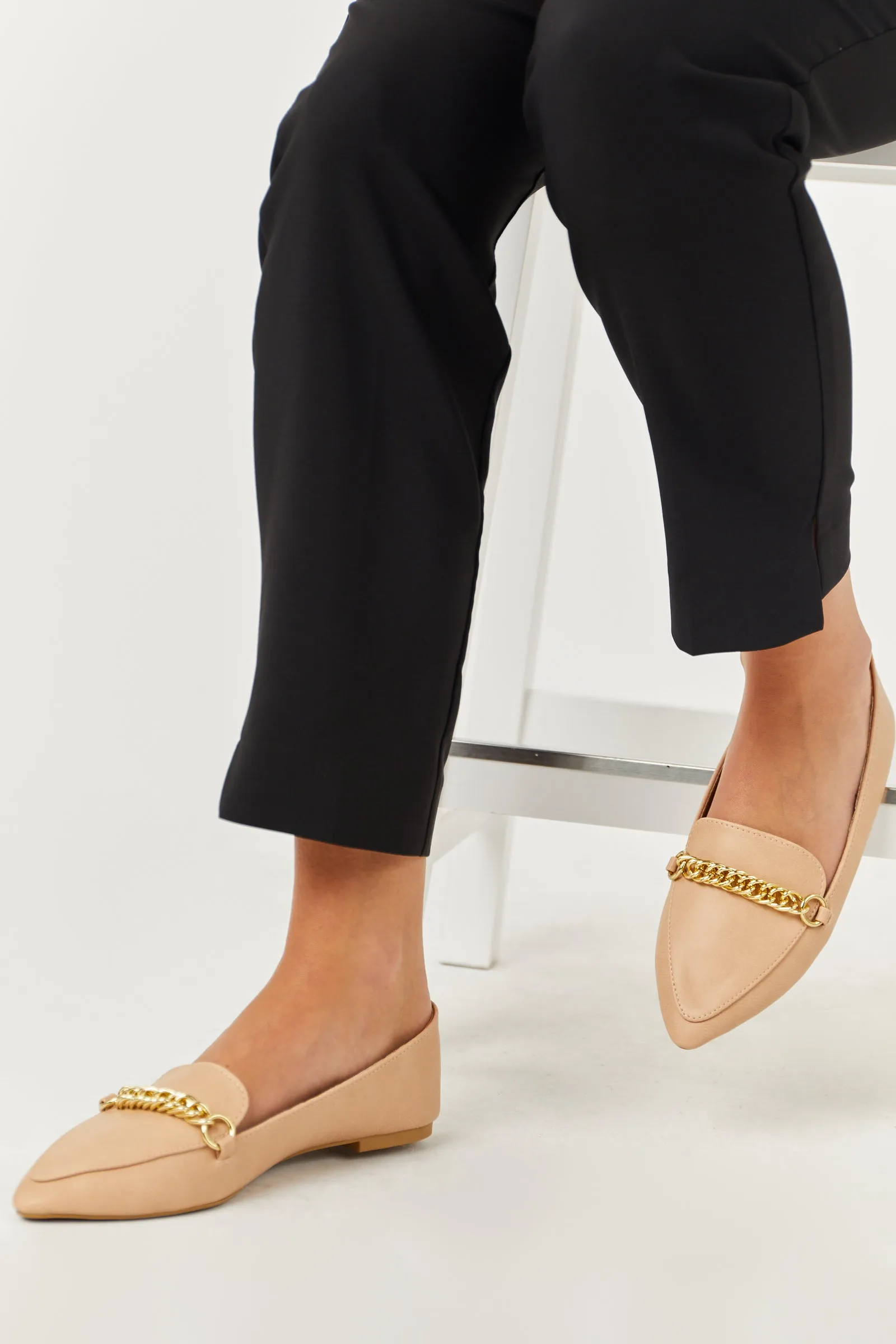 Nude Faux Leather Pointed Toe Gold Chain Loafers sold by Lime Lush