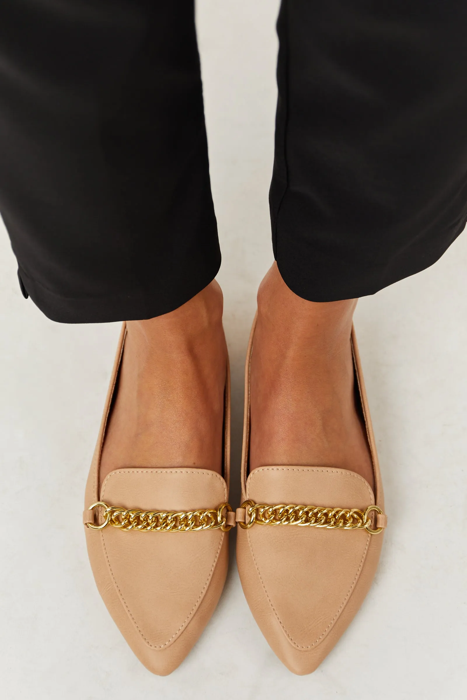 Nude Faux Leather Pointed Toe Gold Chain Loafers sold by Lime Lush product image thumbnail 4