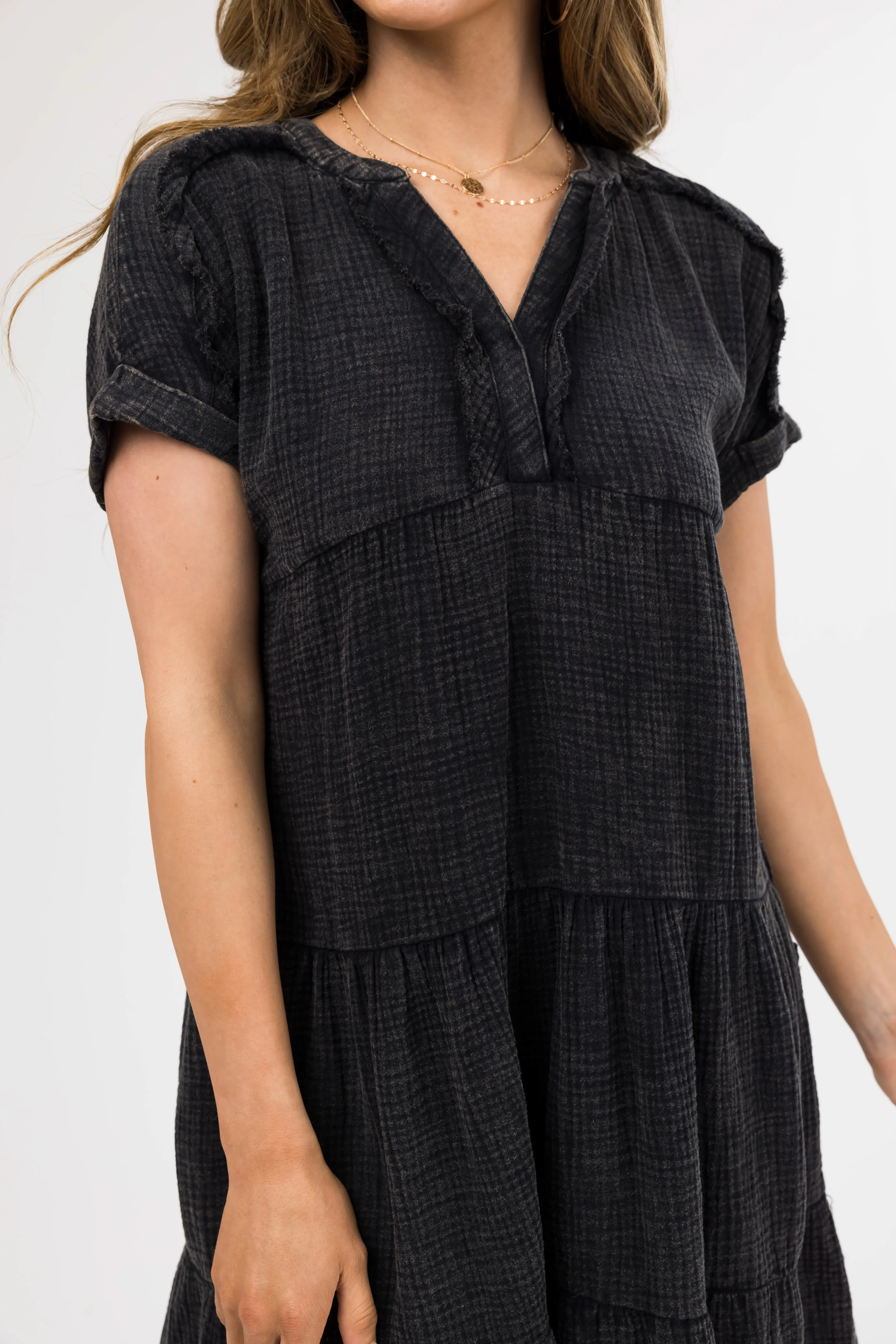 Black Washed Tiered V Neck Mini Dress sold by Lime Lush product image thumbnail 5
