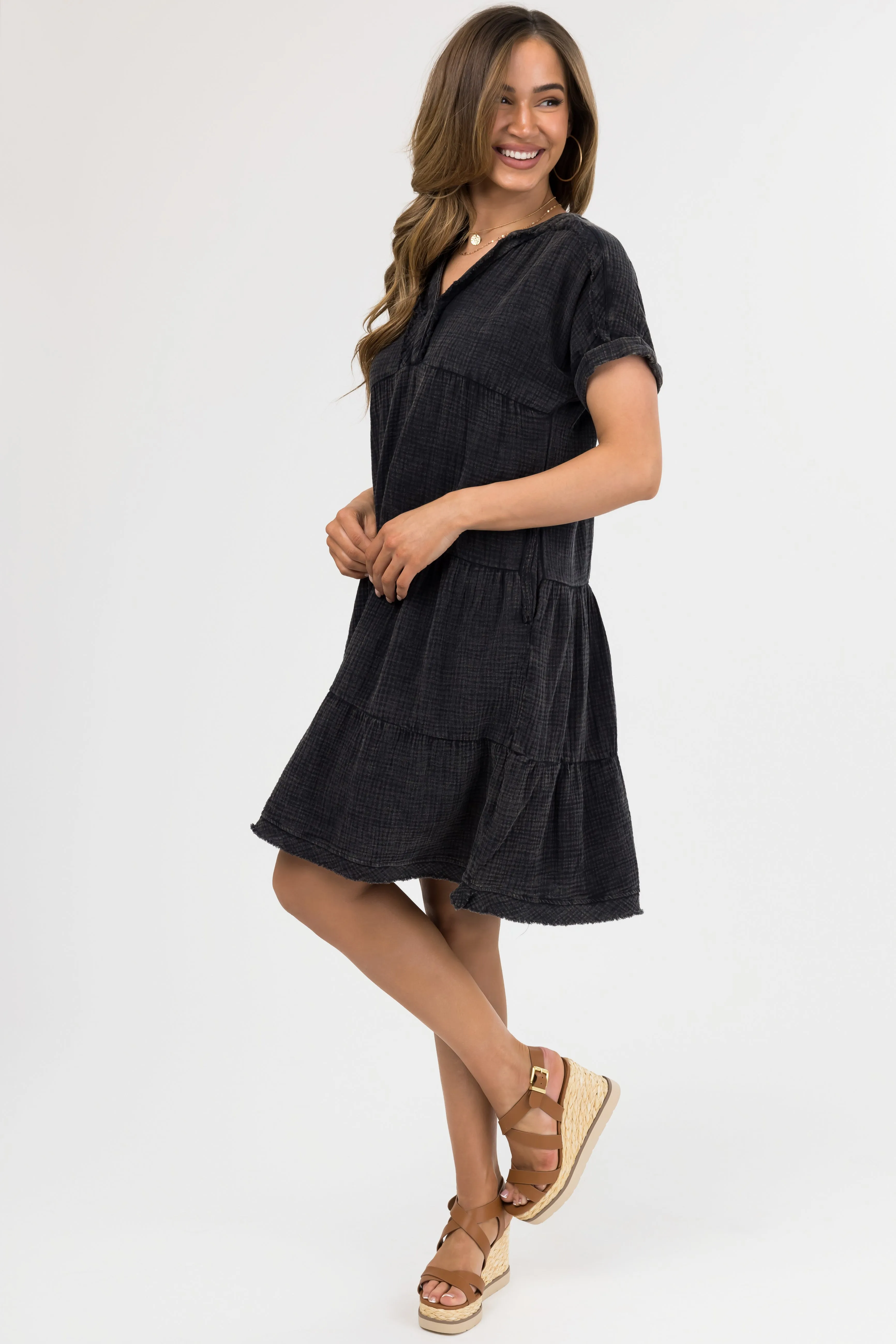 Black Washed Tiered V Neck Mini Dress sold by Lime Lush product image thumbnail 3