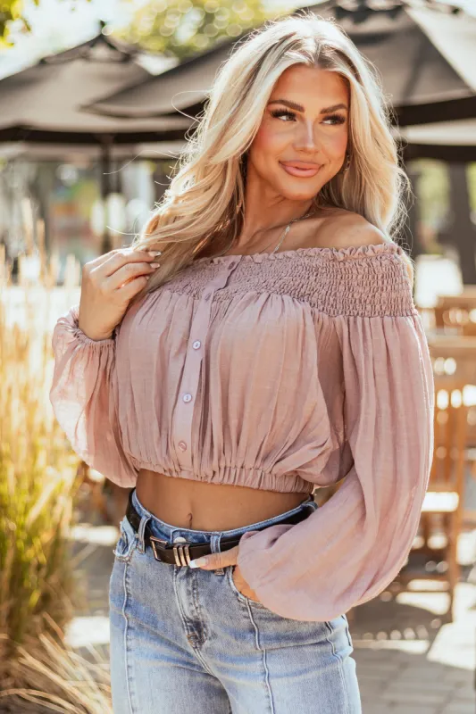 Mauve Off Shoulder Smocked Cropped Blouse made by HYFVE
