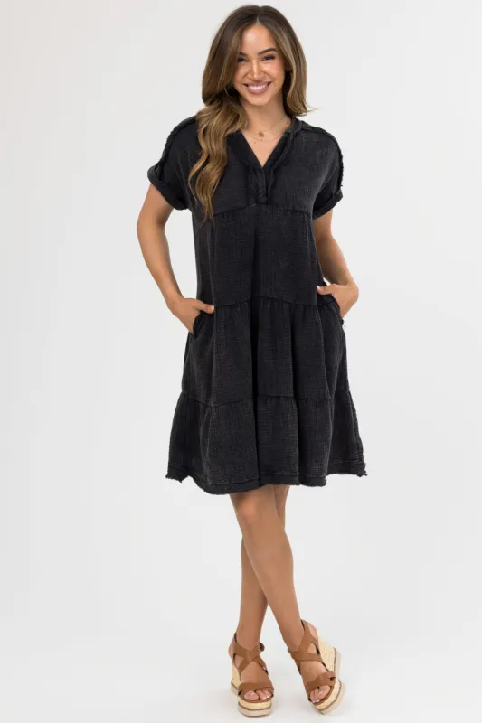 Black Washed Tiered V Neck Mini Dress sold by Lime Lush