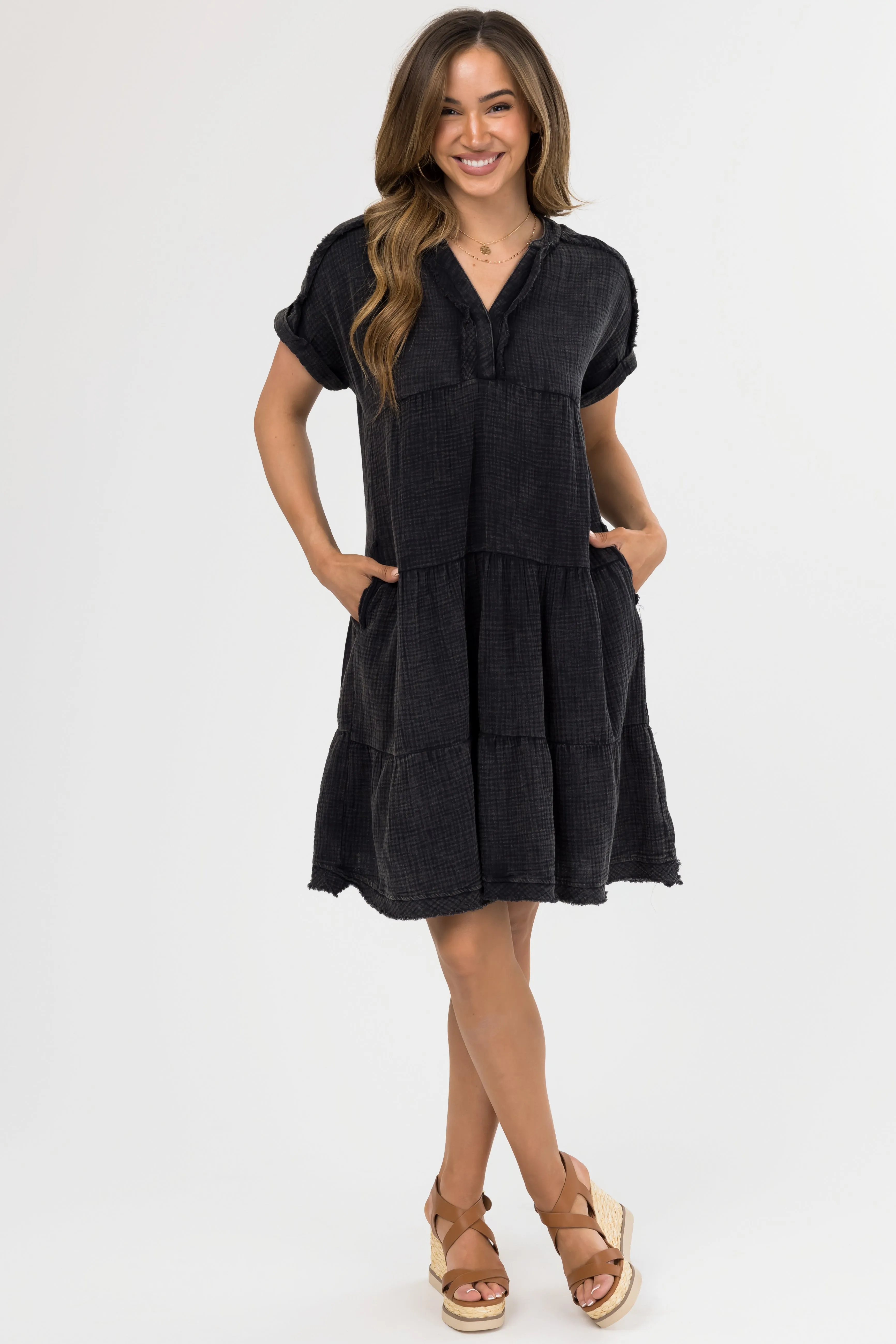 Black Washed Tiered V Neck Mini Dress sold by Lime Lush
