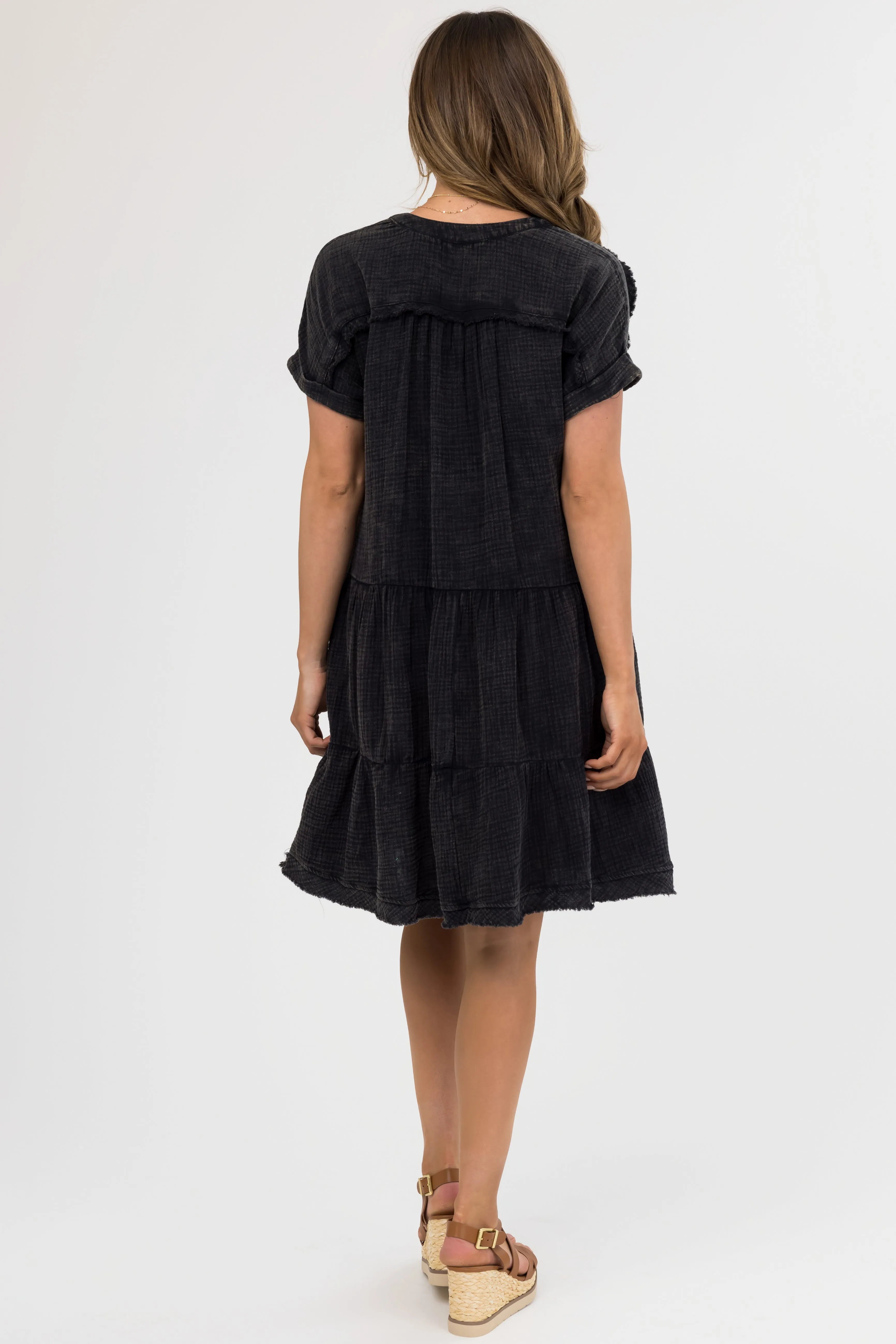 Black Washed Tiered V Neck Mini Dress sold by Lime Lush product image thumbnail 4