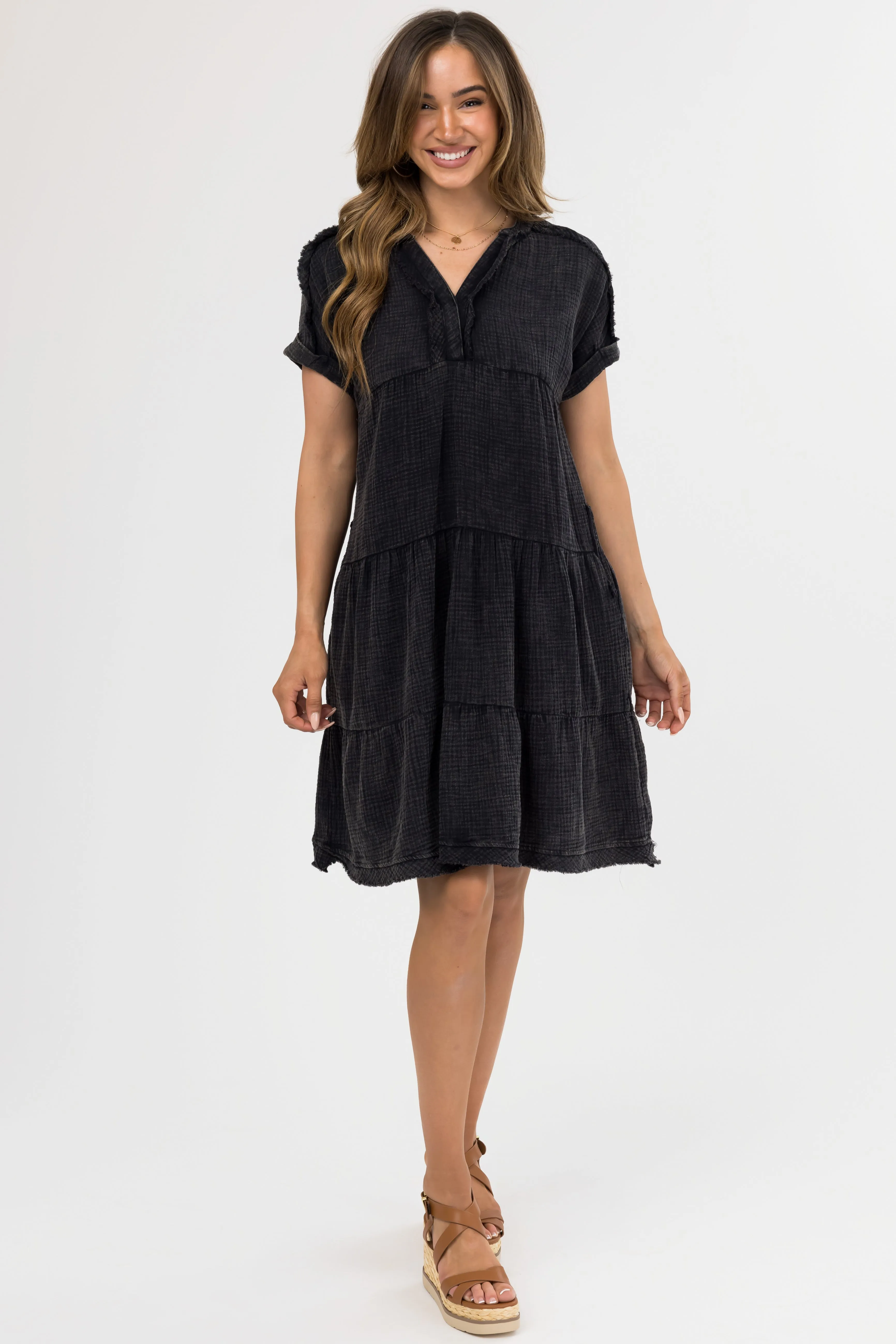 Black Washed Tiered V Neck Mini Dress sold by Lime Lush product image thumbnail 2