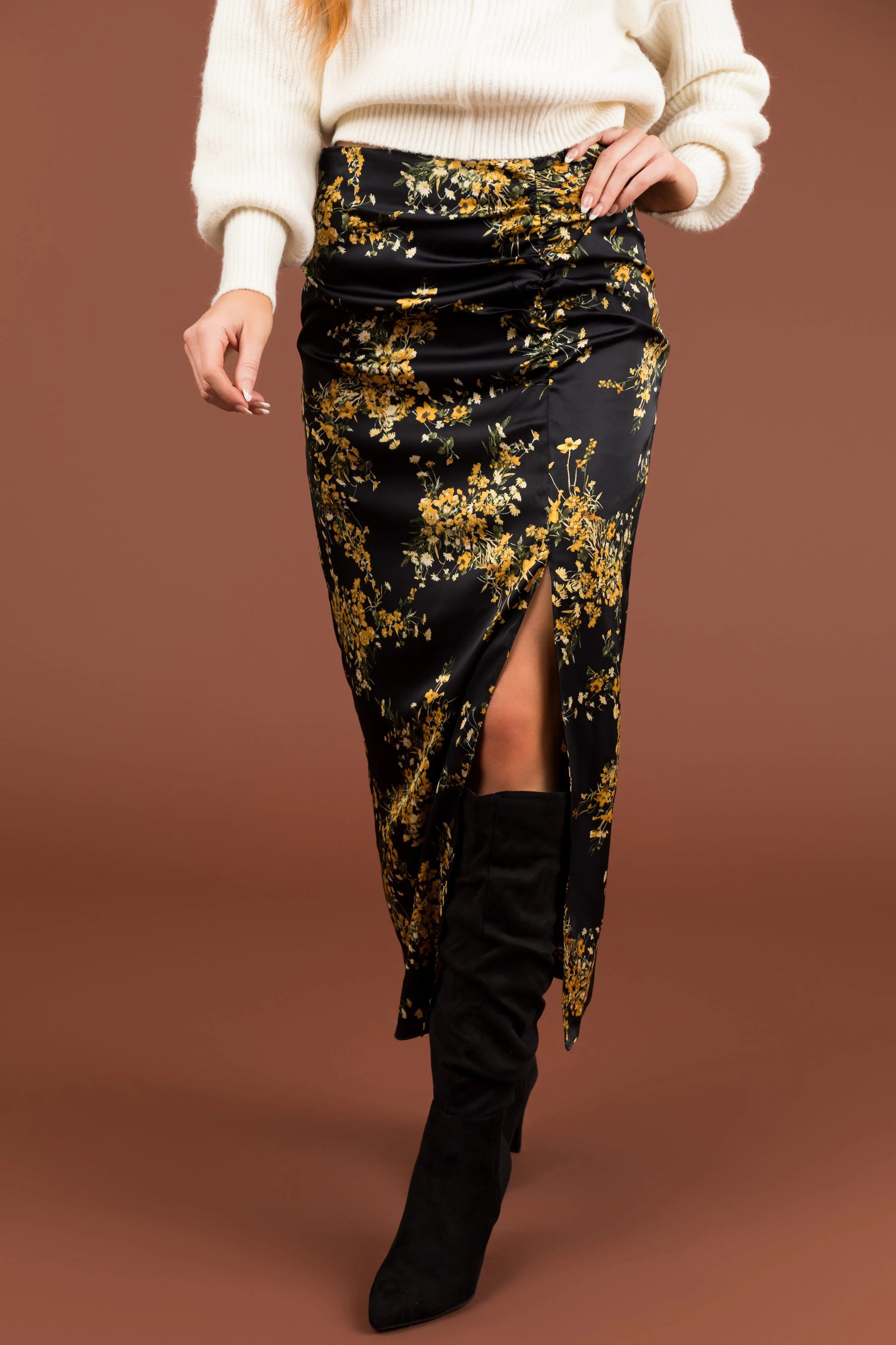 Black Floral Print Front Slit Midi Skirt sold by Lime Lush product image thumbnail 3