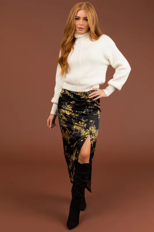 Black Floral Print Front Slit Midi Skirt sold by Lime Lush