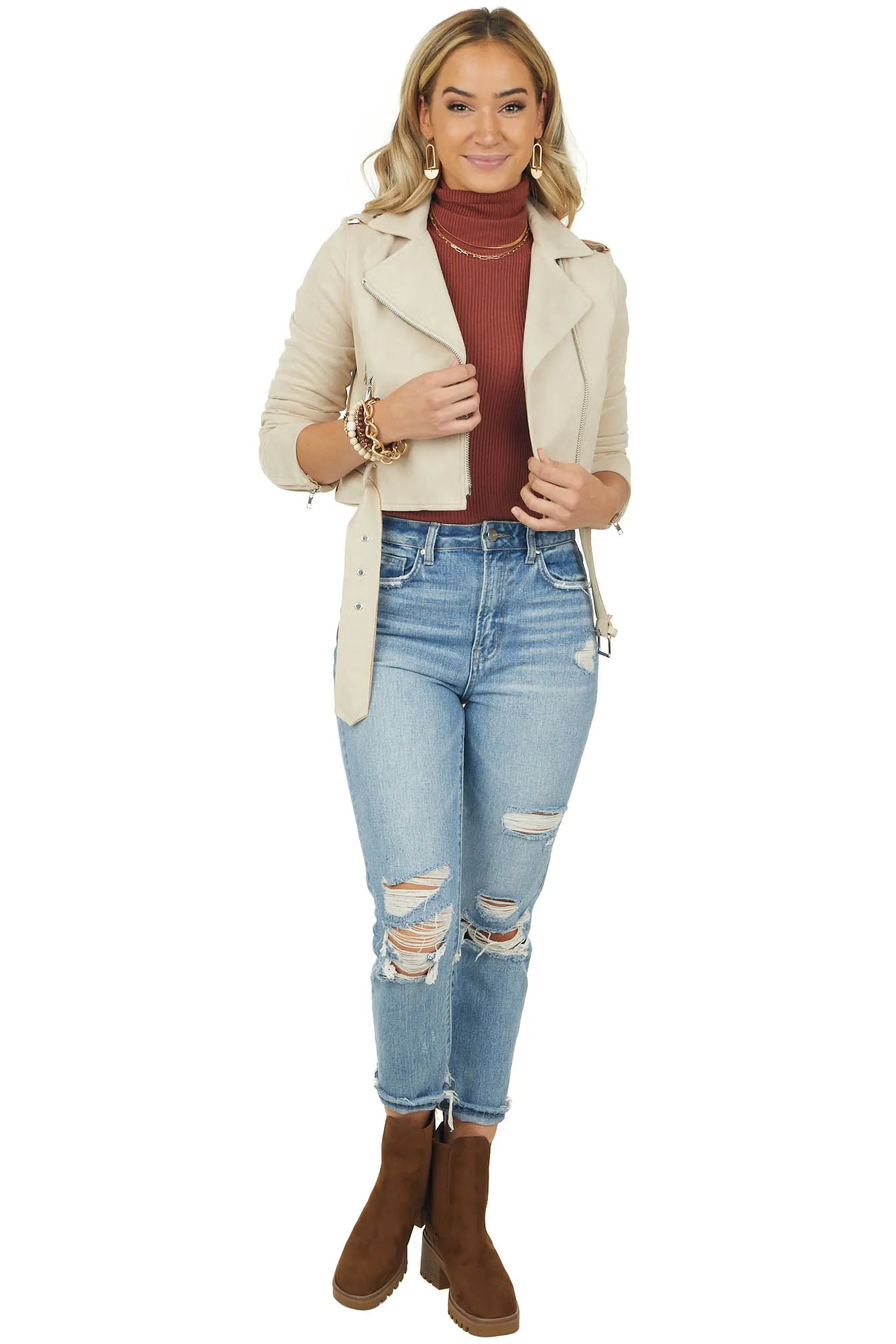 Camel Faux Suede Zip Up Cropped Moto Jacket sold by Lime Lush product image thumbnail 2