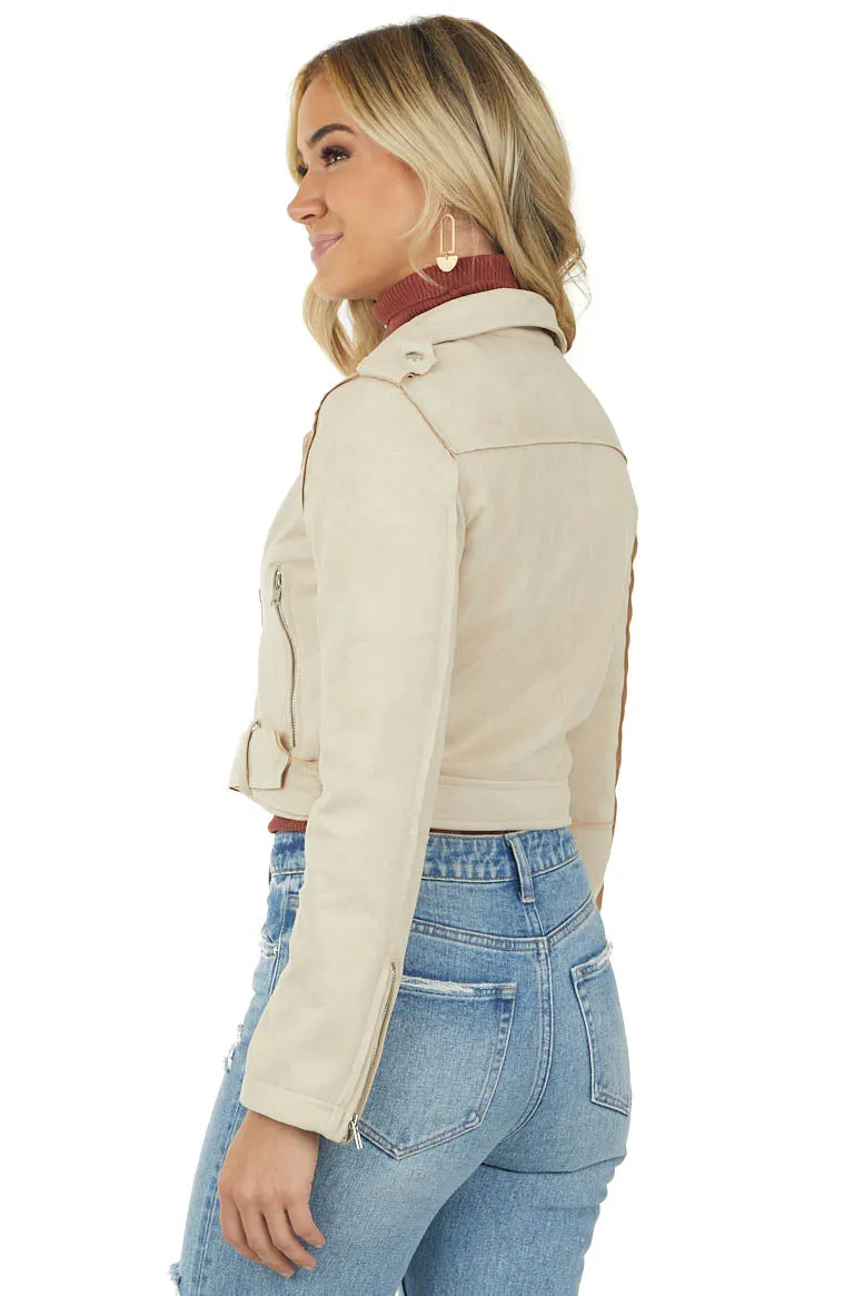 Camel Faux Suede Zip Up Cropped Moto Jacket sold by Lime Lush product image thumbnail 4