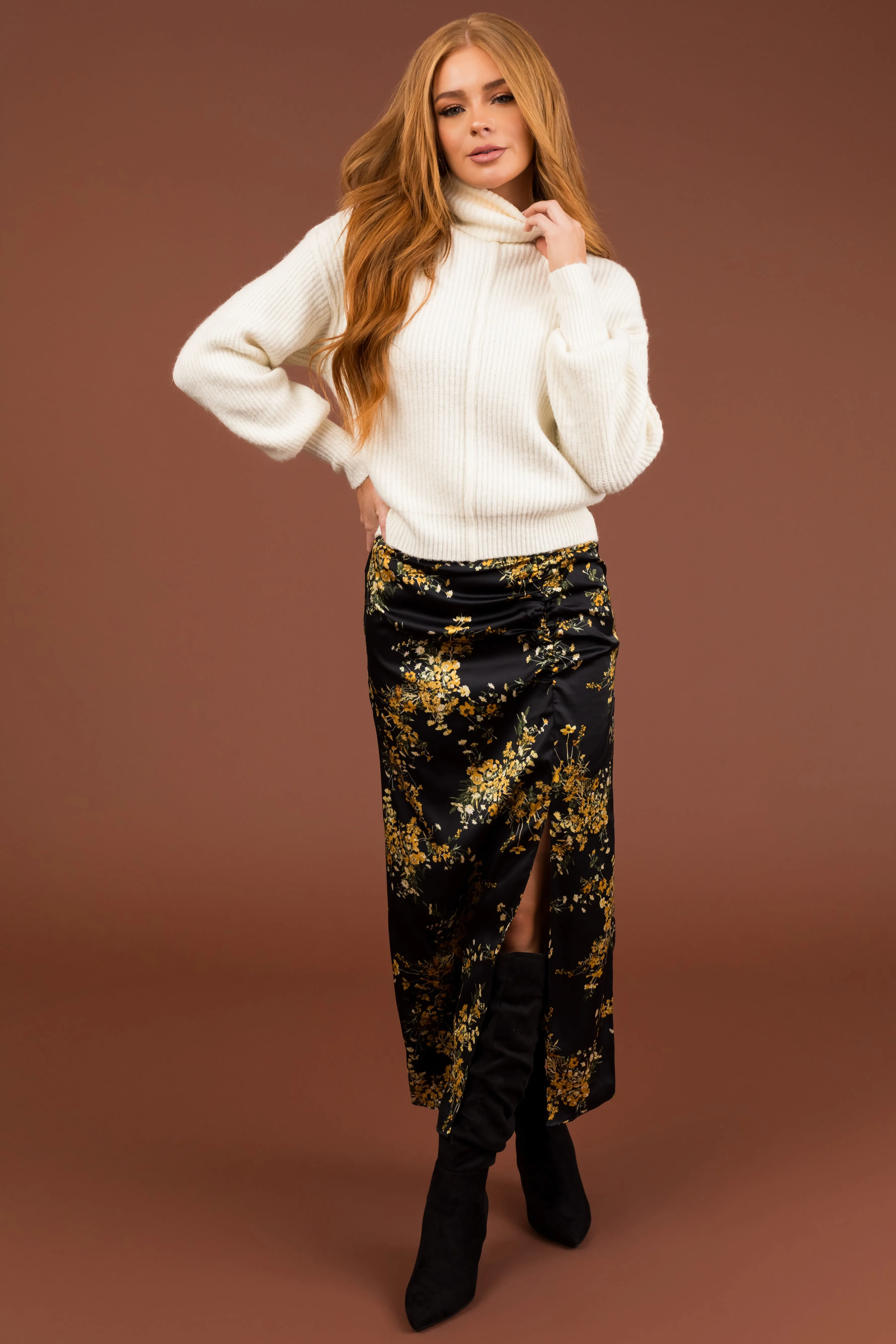 Black Floral Print Front Slit Midi Skirt sold by Lime Lush product image thumbnail 5