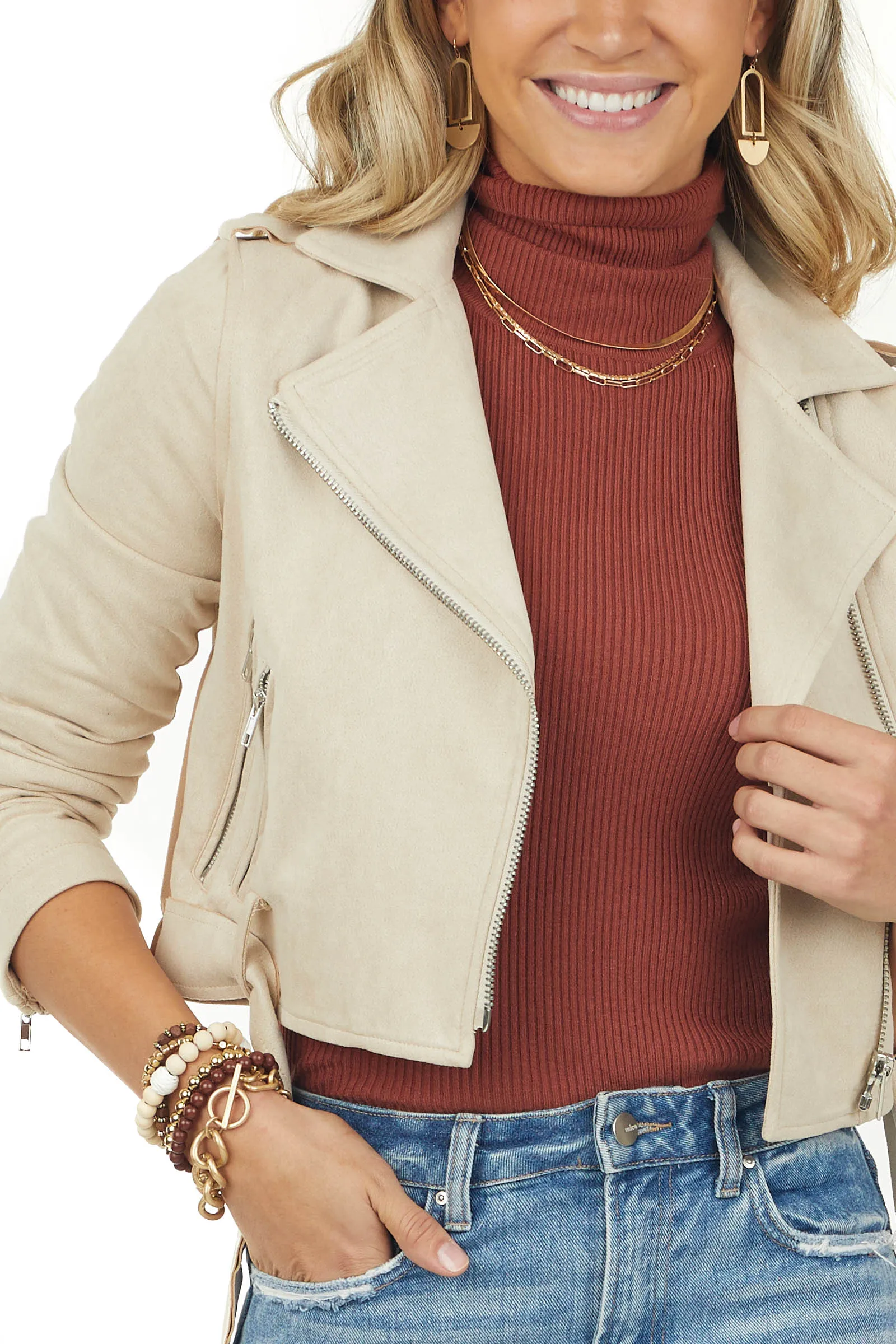 Camel Faux Suede Zip Up Cropped Moto Jacket sold by Lime Lush product image thumbnail 5