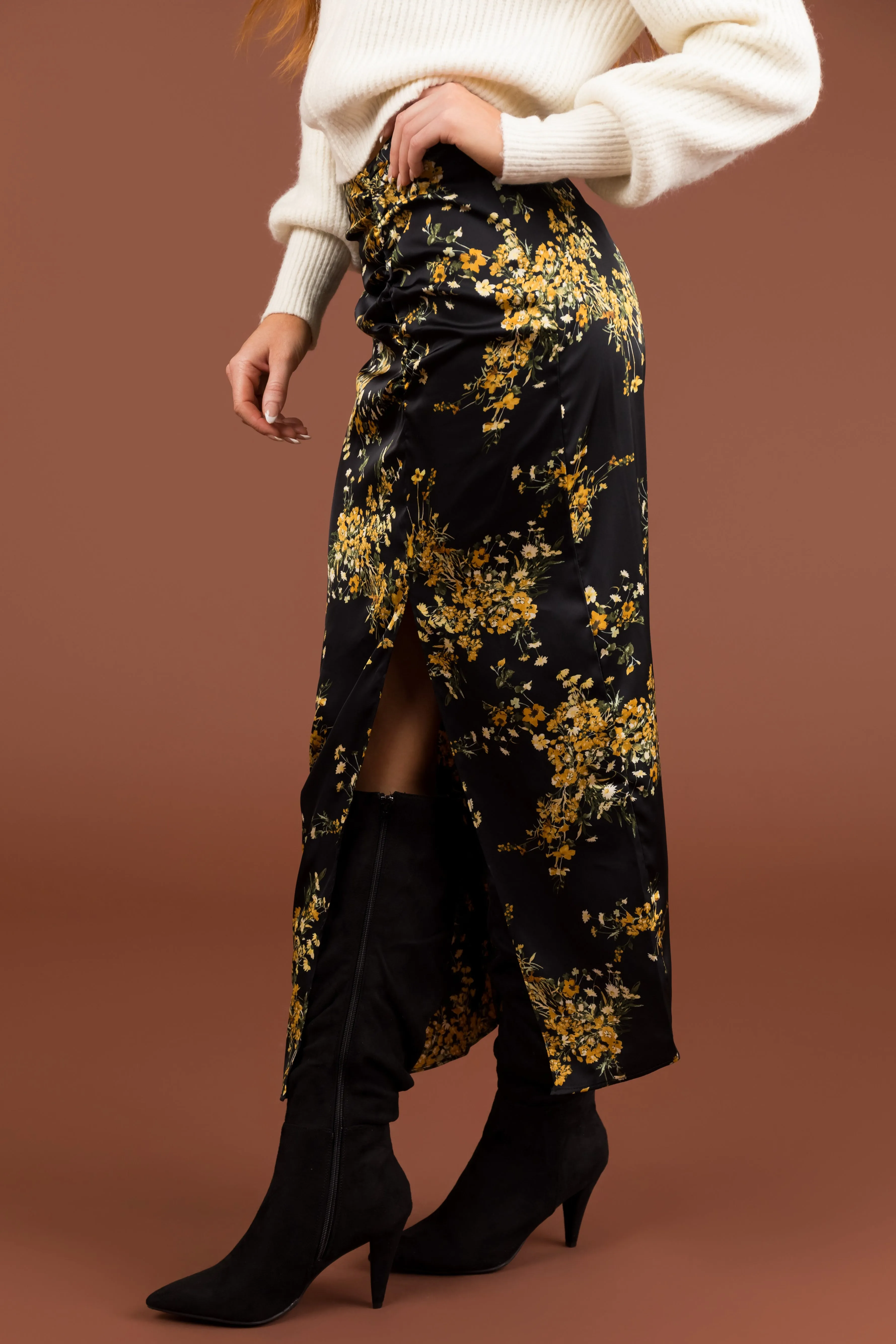 Black Floral Print Front Slit Midi Skirt sold by Lime Lush product image thumbnail 2