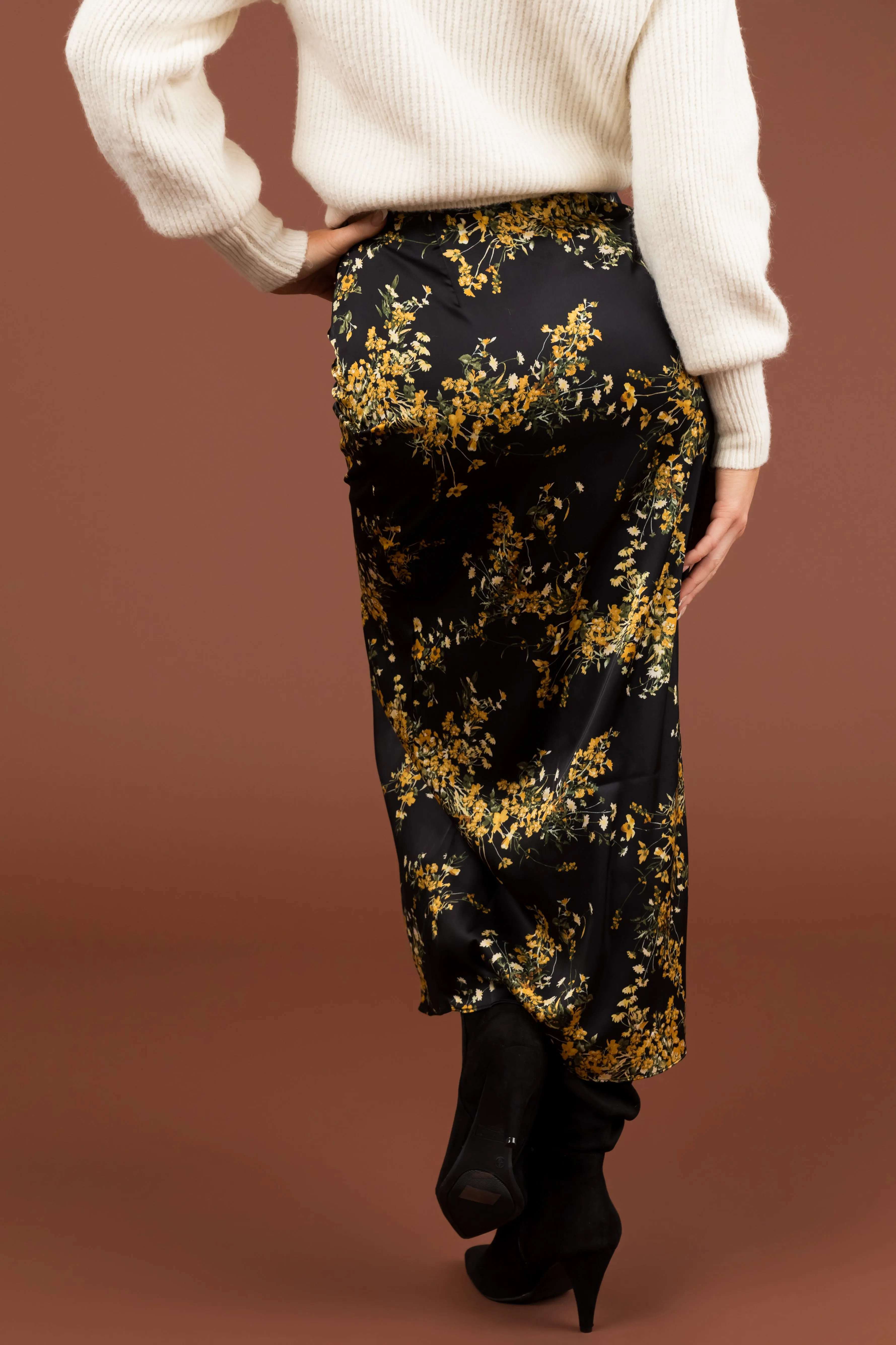 Black Floral Print Front Slit Midi Skirt sold by Lime Lush product image thumbnail 4