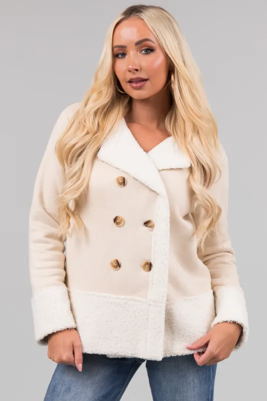 Cream  Faux Wool and Suede Button Up Jacket sold by Lime Lush