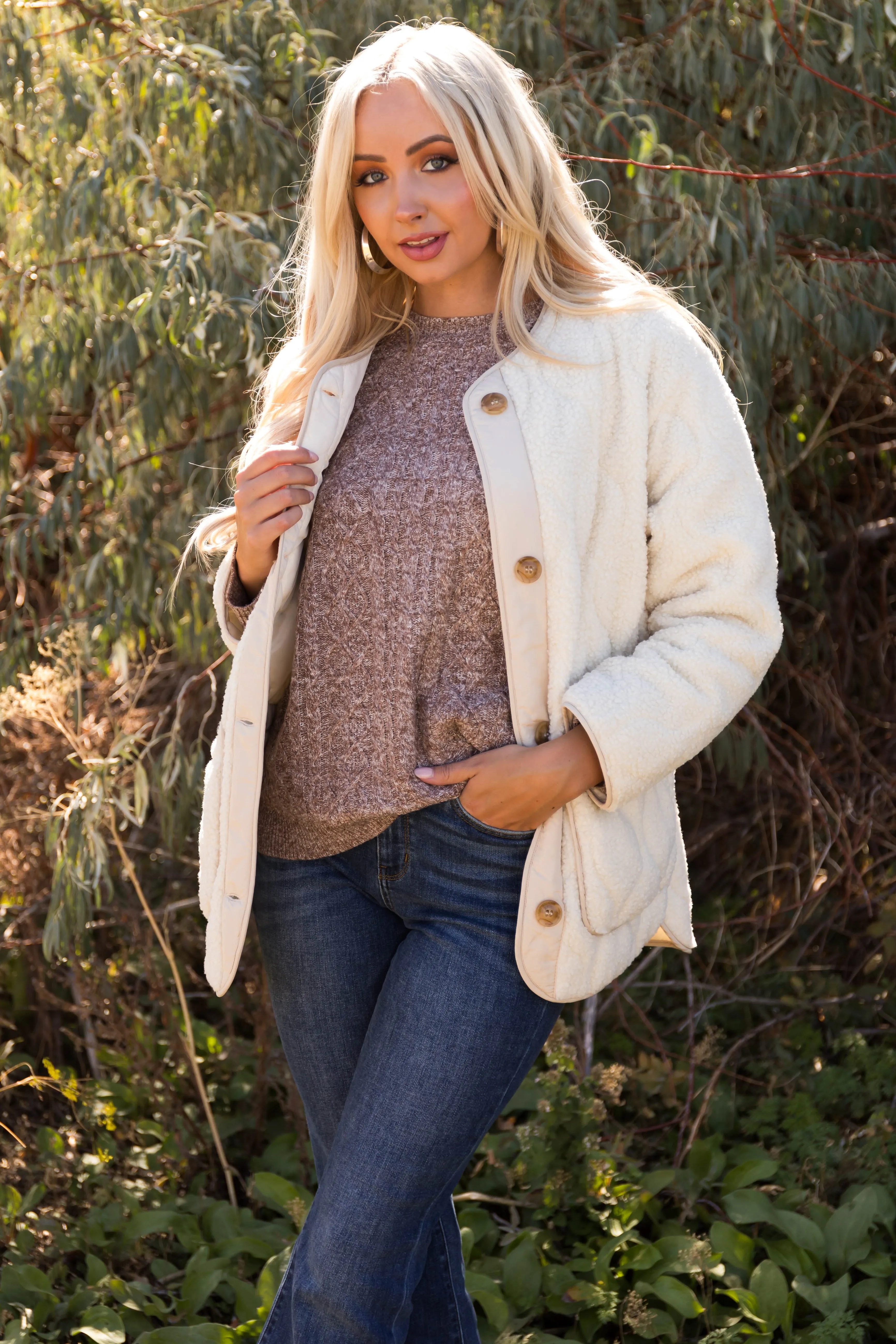 Cream Quilted Button Down Sherpa Jacket sold by Lime Lush product image thumbnail 4