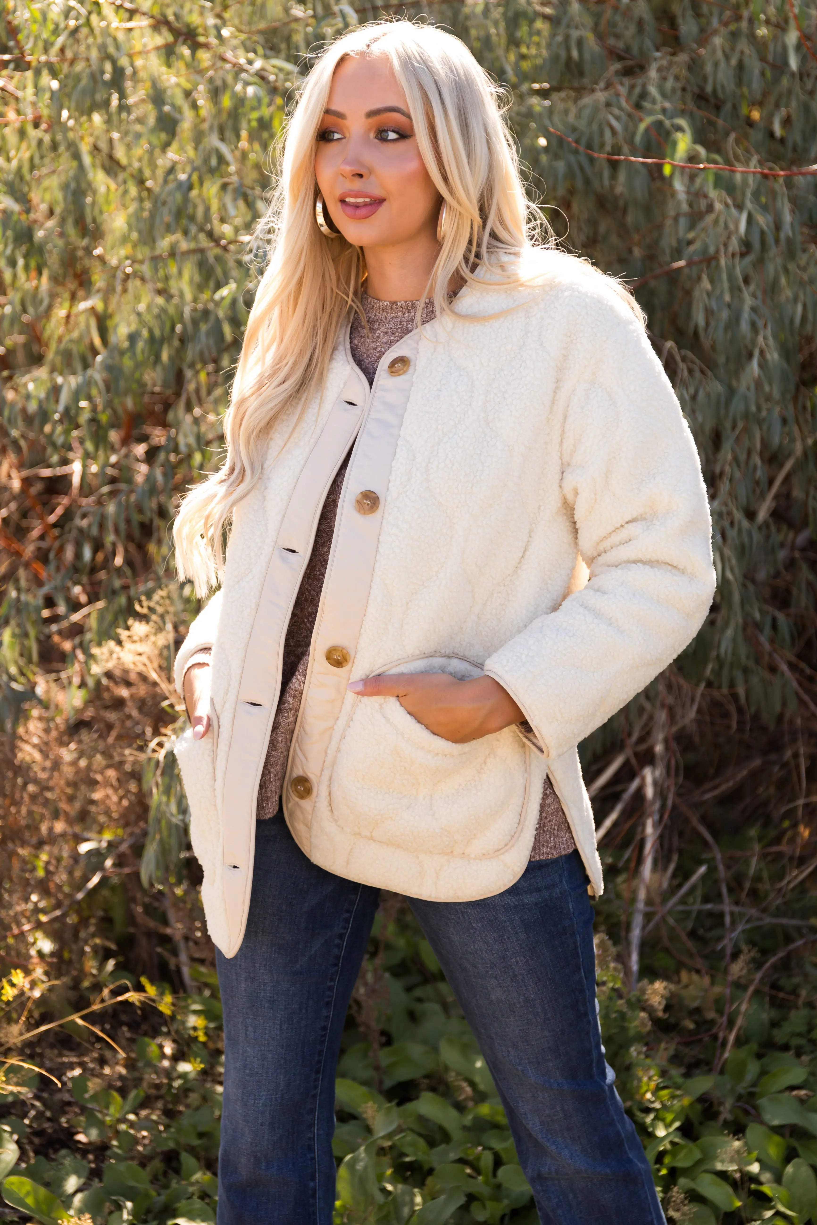 Cream Quilted Button Down Sherpa Jacket sold by Lime Lush product image thumbnail 3