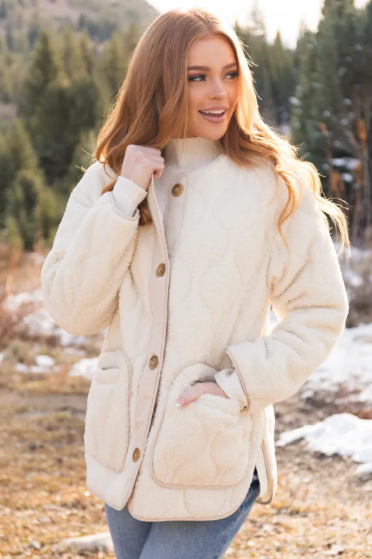 Cream Quilted Button Down Sherpa Jacket sold by Lime Lush