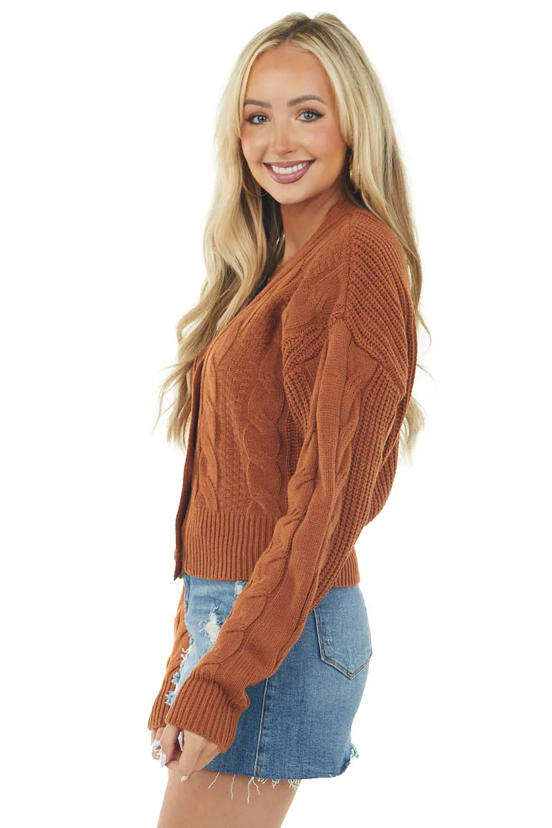 Rich Cognac V Neck Cable Knit Cardigan sold by Lime Lush product image thumbnail 4