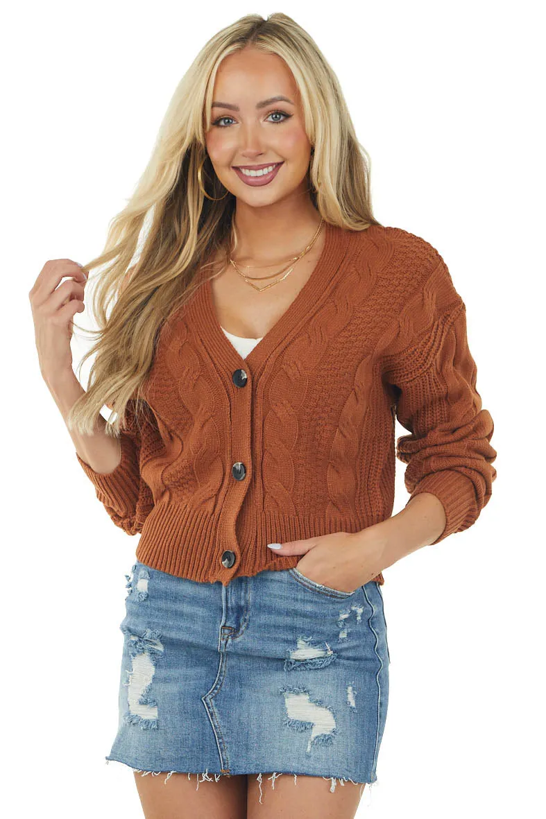 Rich Cognac V Neck Cable Knit Cardigan sold by Lime Lush