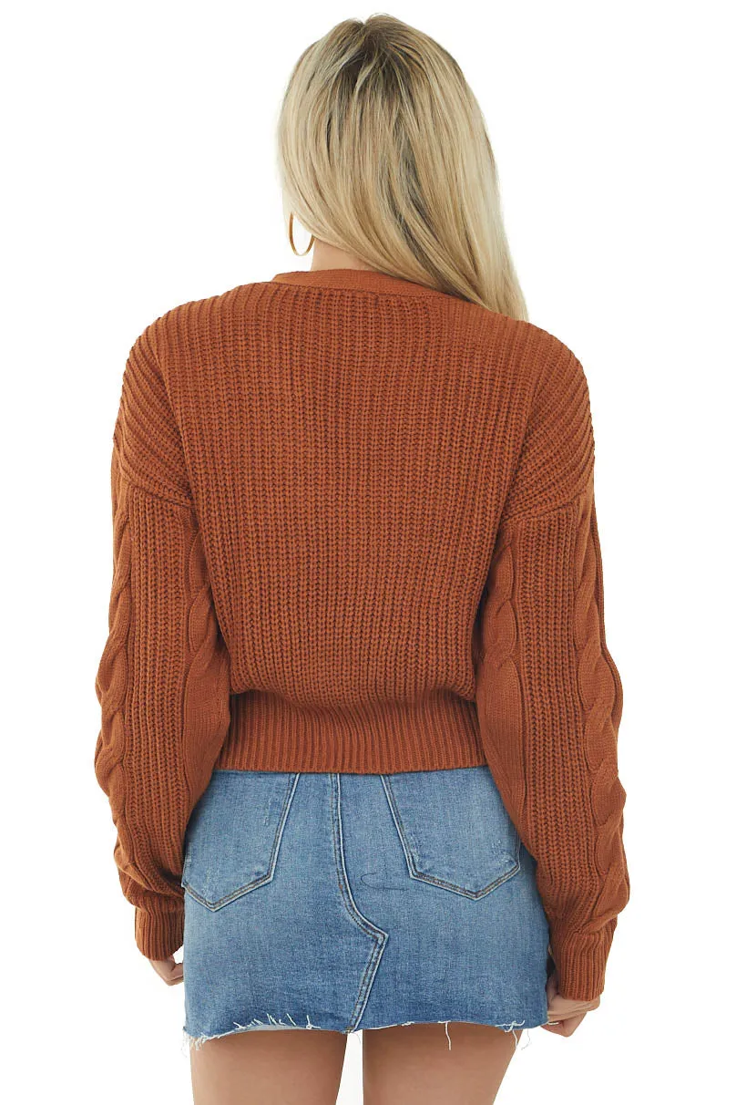 Rich Cognac V Neck Cable Knit Cardigan sold by Lime Lush product image thumbnail 5