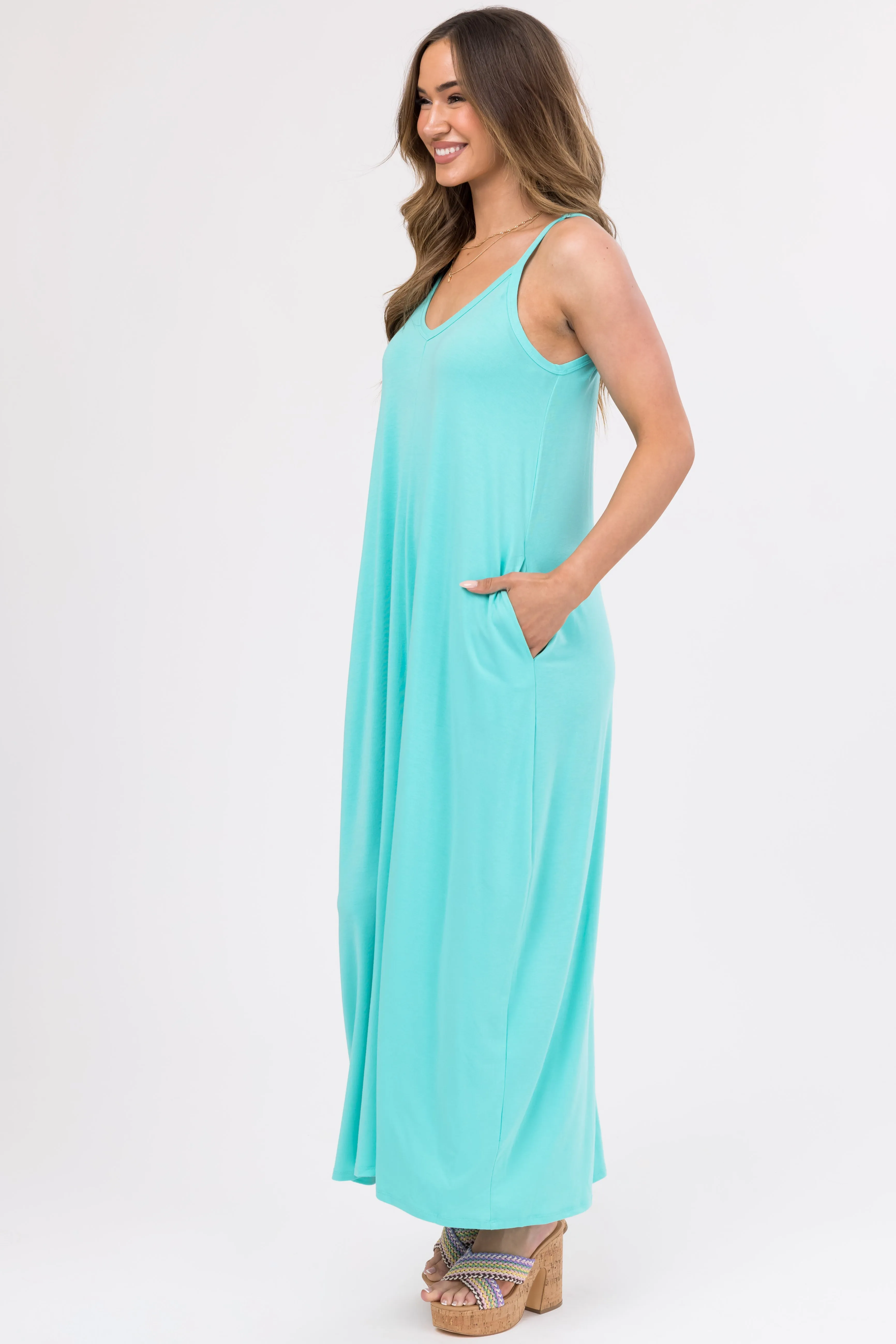 Seafoam Sleeveless Knit Maxi Dress with Pockets sold by Lime Lush product image thumbnail 4