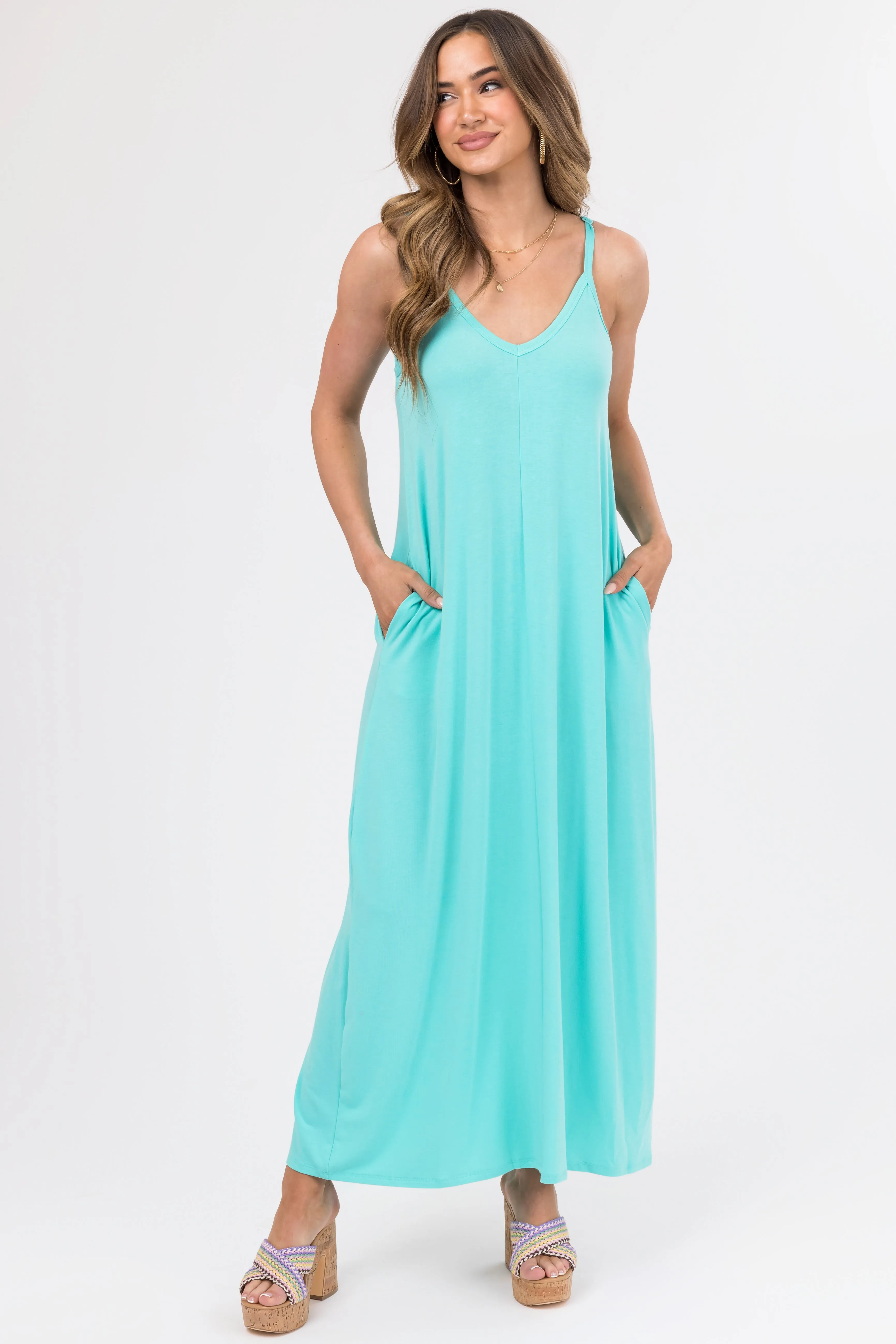 Seafoam Sleeveless Knit Maxi Dress with Pockets sold by Lime Lush