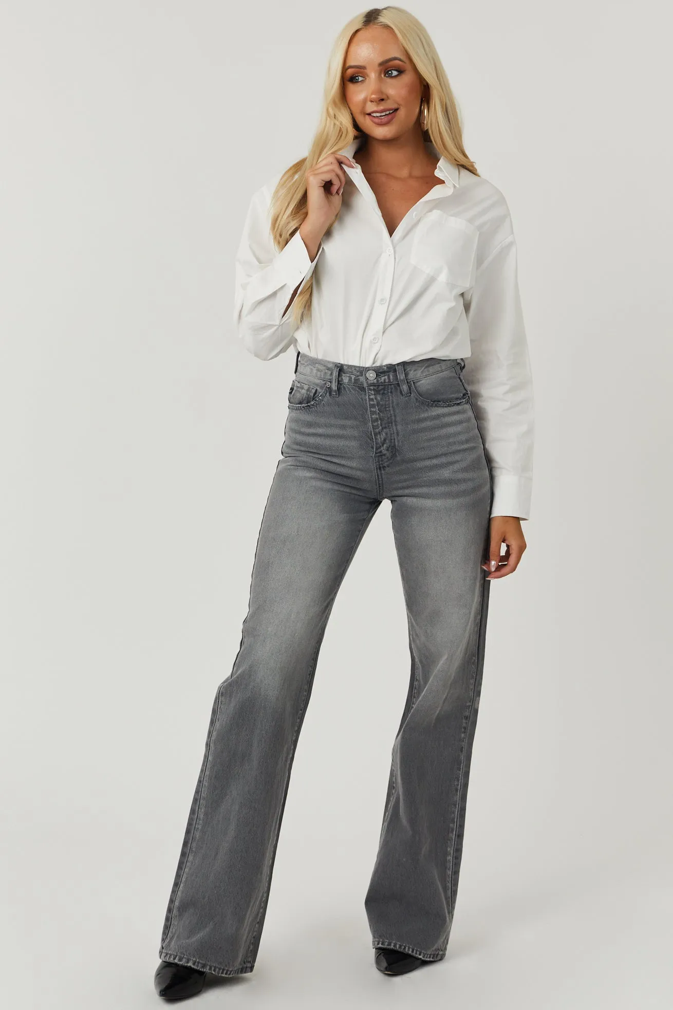 KanCan Washed Stone Grey High Rise 90's Flare Jeans sold by Lime Lush