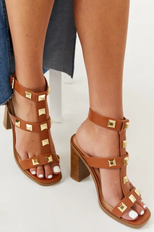 Cognac Thick Strap Gold Studded Heels sold by Lime Lush
