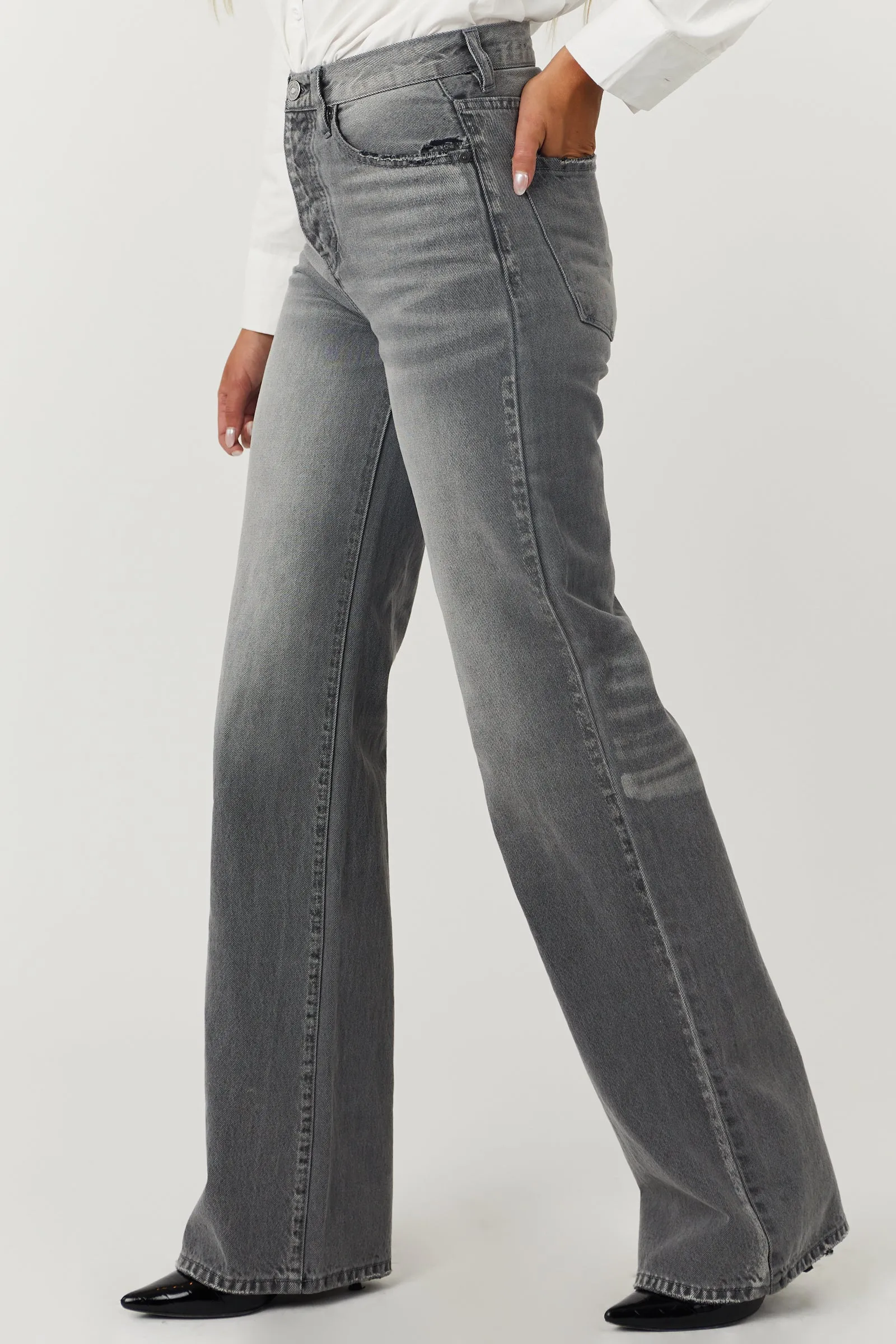 KanCan Washed Stone Grey High Rise 90's Flare Jeans sold by Lime Lush product image thumbnail 3