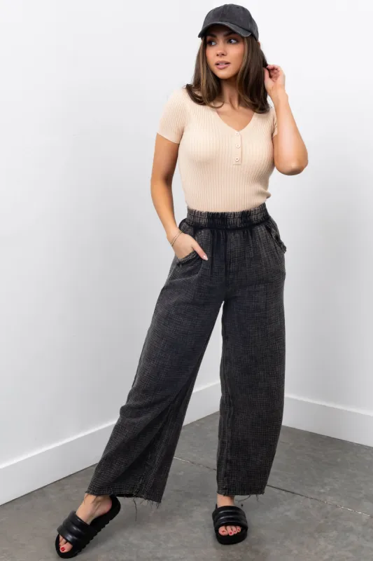 Charcoal Washed Elastic Waist Wide Leg Pants sold by Lime Lush