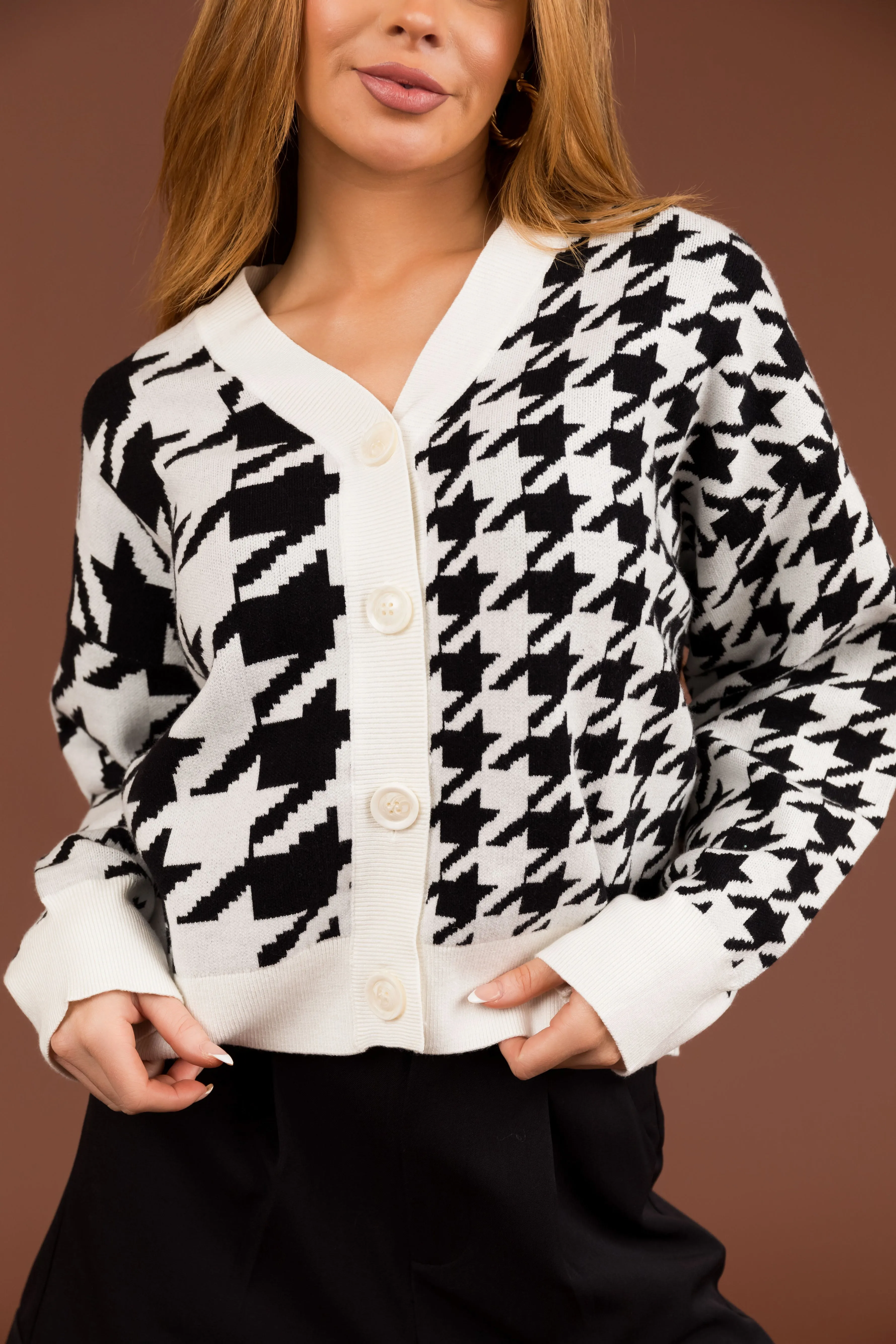 Black and White Houndstooth Button Down Cardigan sold by Lime Lush product image thumbnail 5