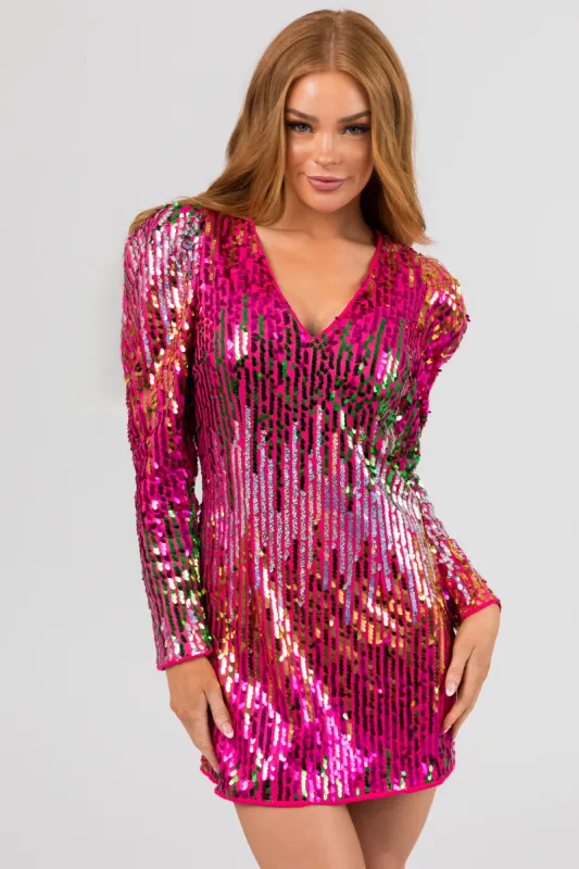 Magenta Multicolor Sequin Long Sleeve Mini Dress sold by Lime Lush