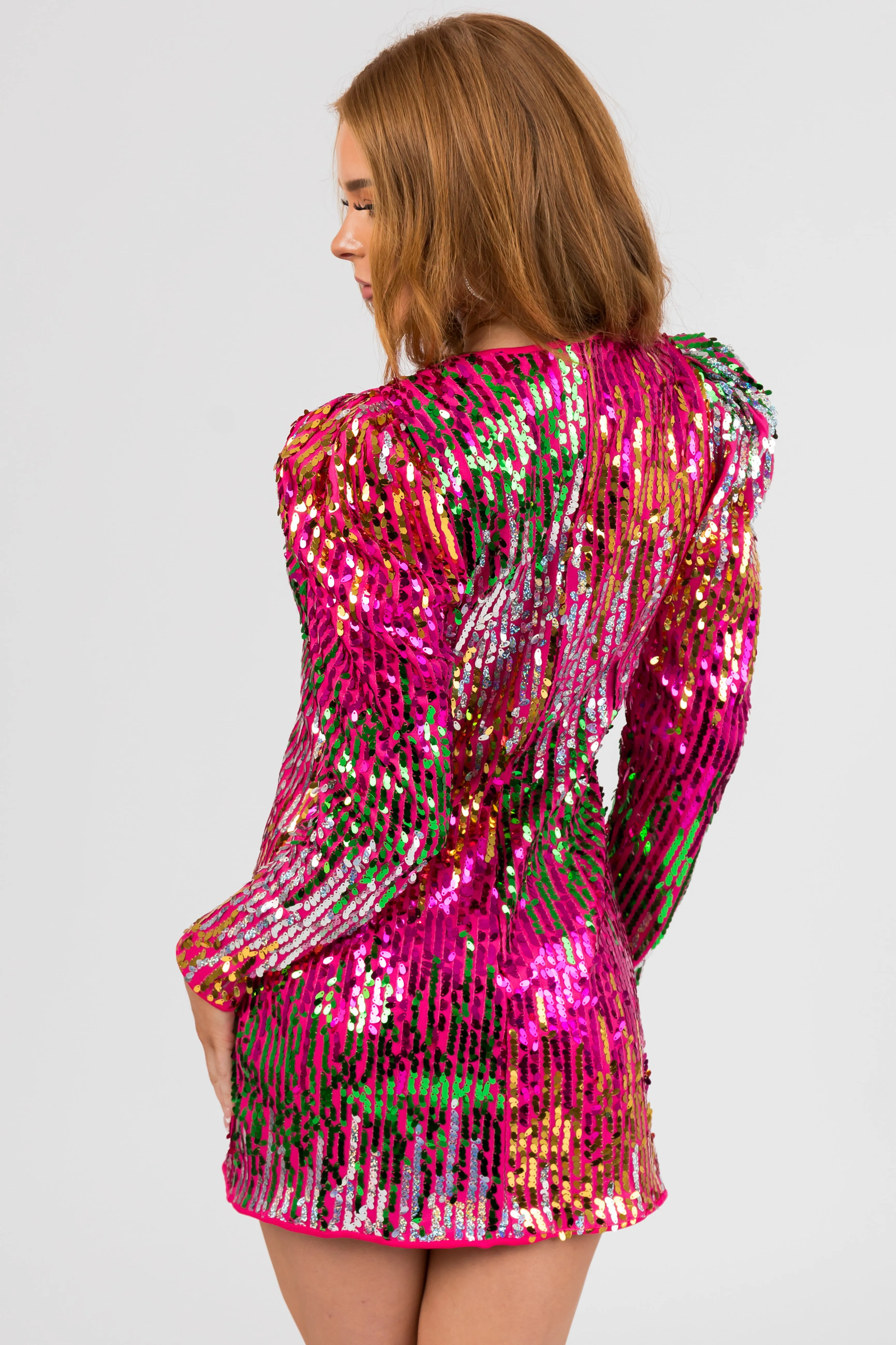 Magenta Multicolor Sequin Long Sleeve Mini Dress sold by Lime Lush product image thumbnail 5