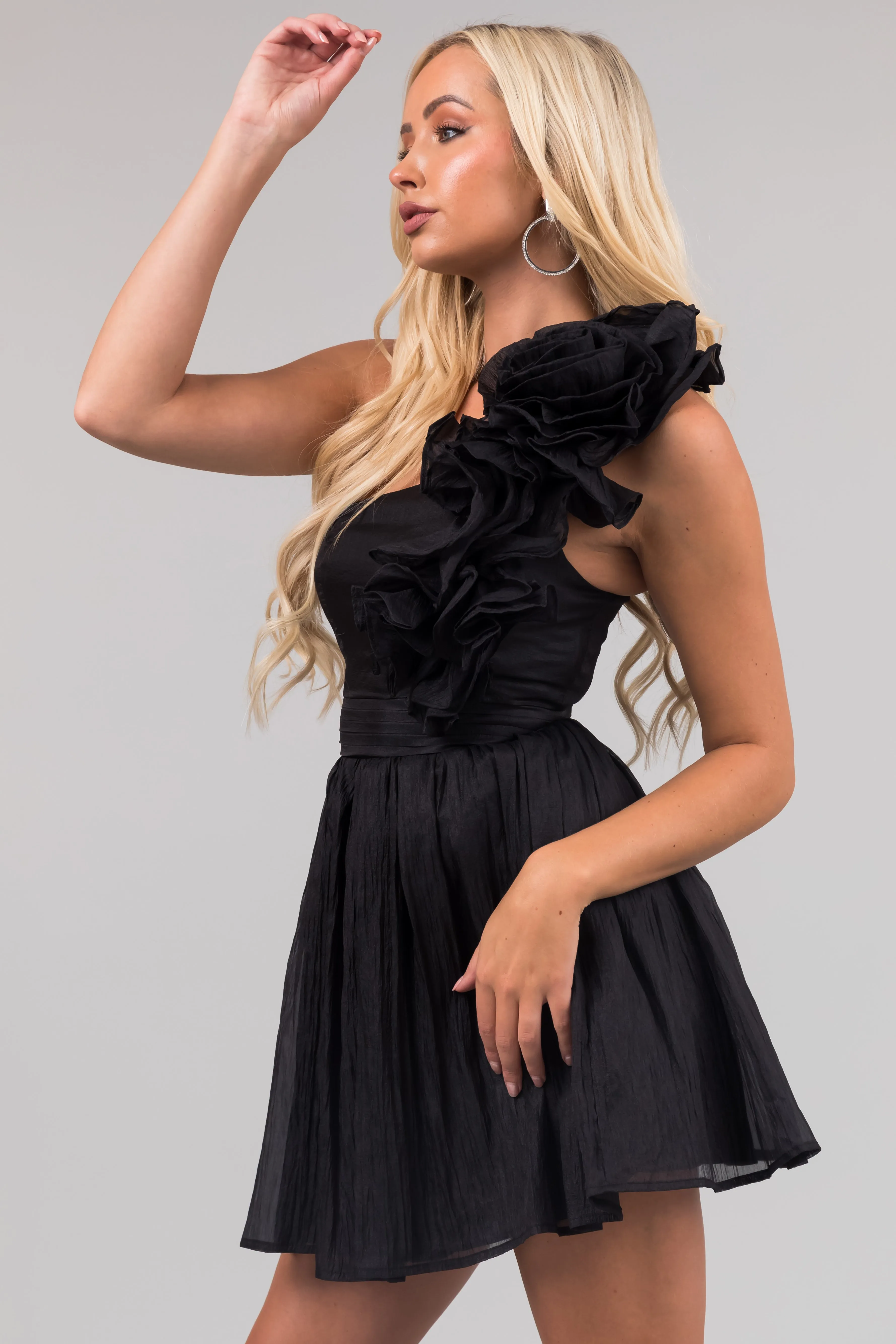 Black One Shoulder Ruffle Short Dress sold by Lime Lush product image thumbnail 5