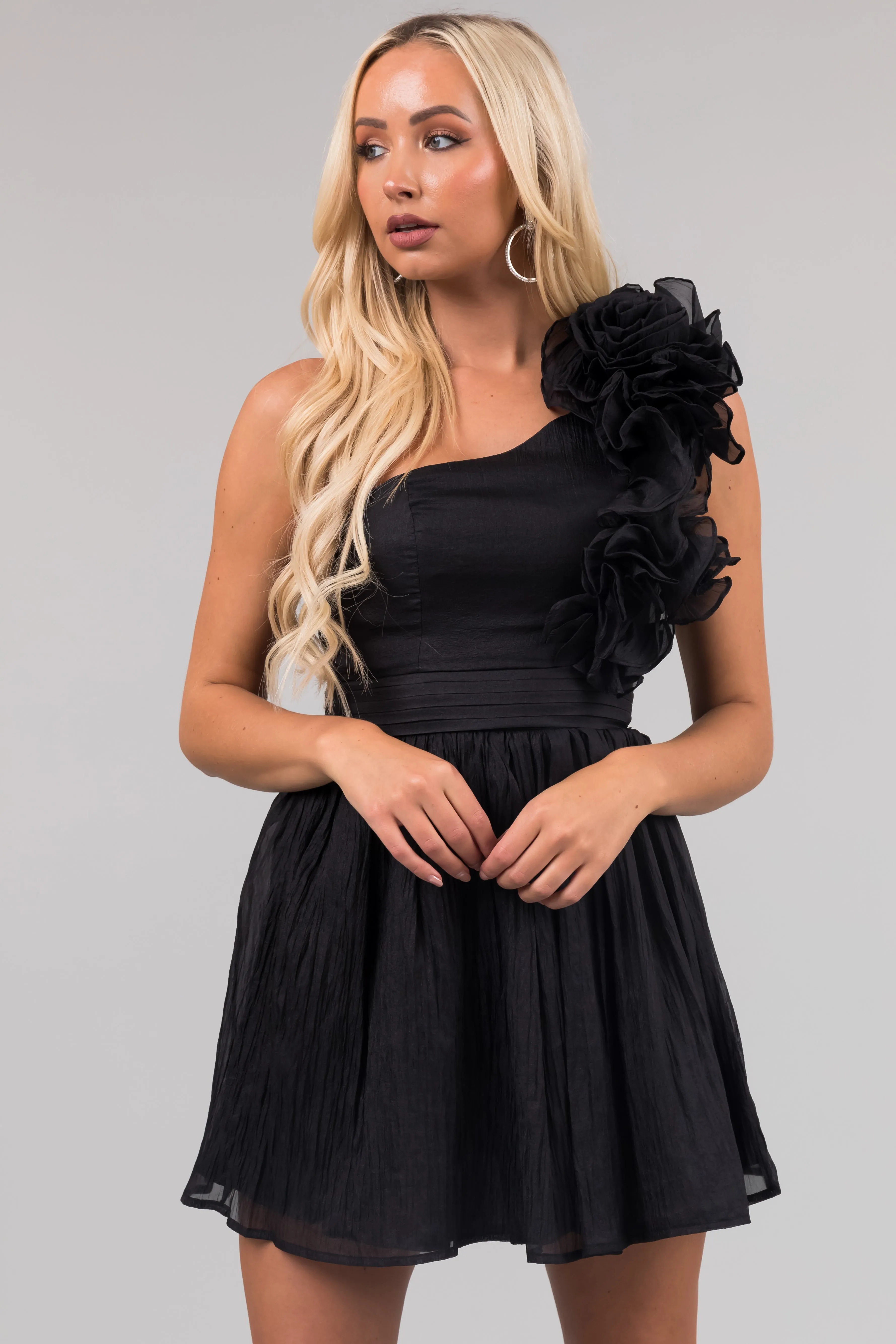 Black One Shoulder Ruffle Short Dress sold by Lime Lush